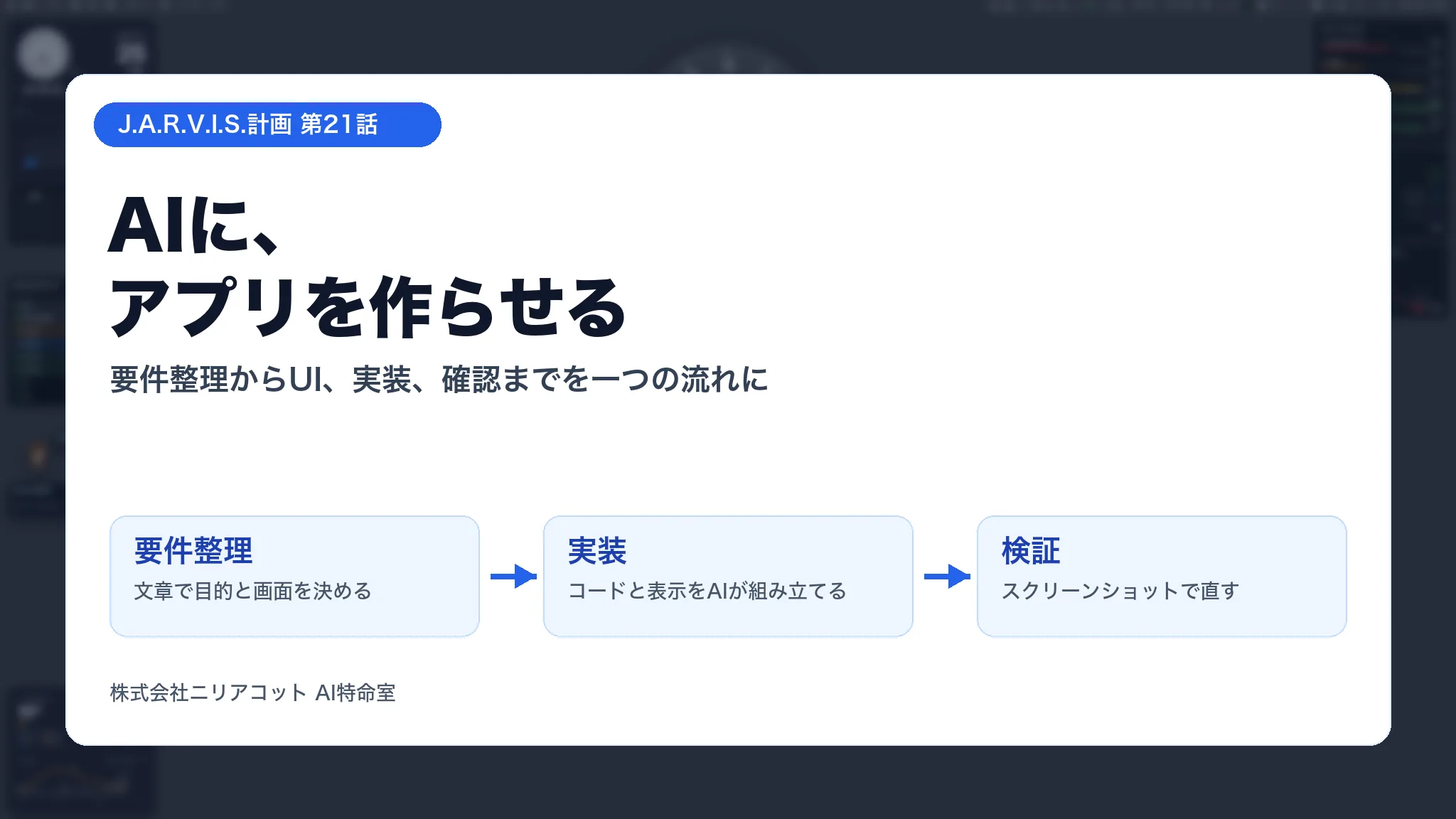 AI秘書が小さな業務アプリを設計し、実装と検証へつなげるイメージ
