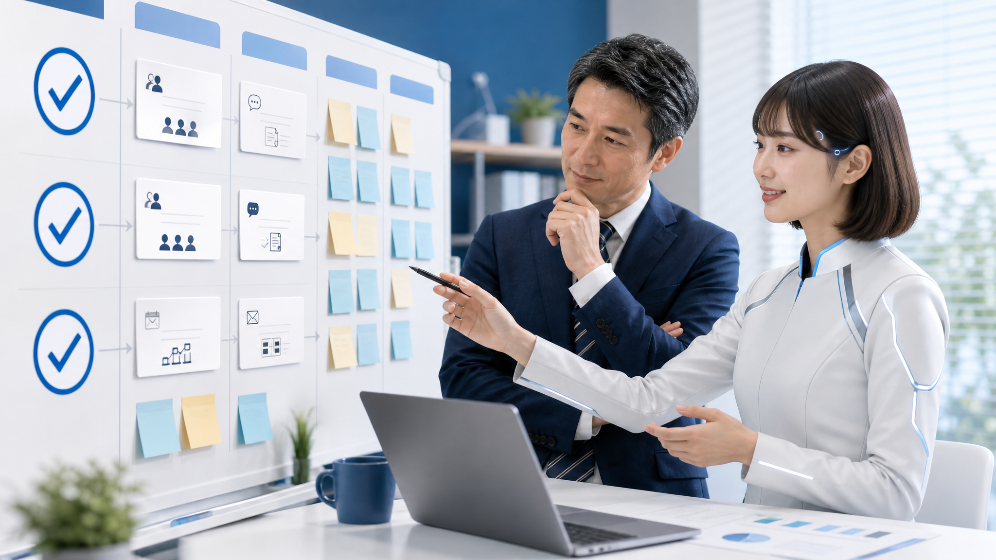 社長とAI秘書が業務棚卸しボードを見ながら、AI化候補を選んでいるイメージ