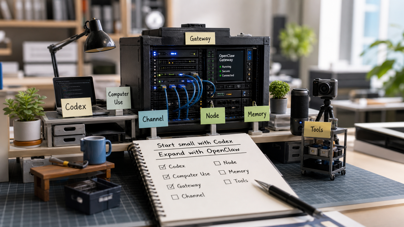 Codex、OpenClaw Gateway、Channel、Node、Memory、Toolsを卓上ミニチュア風に配置し、小さく始めて広げるAIエージェント構成を示すアイキャッチ