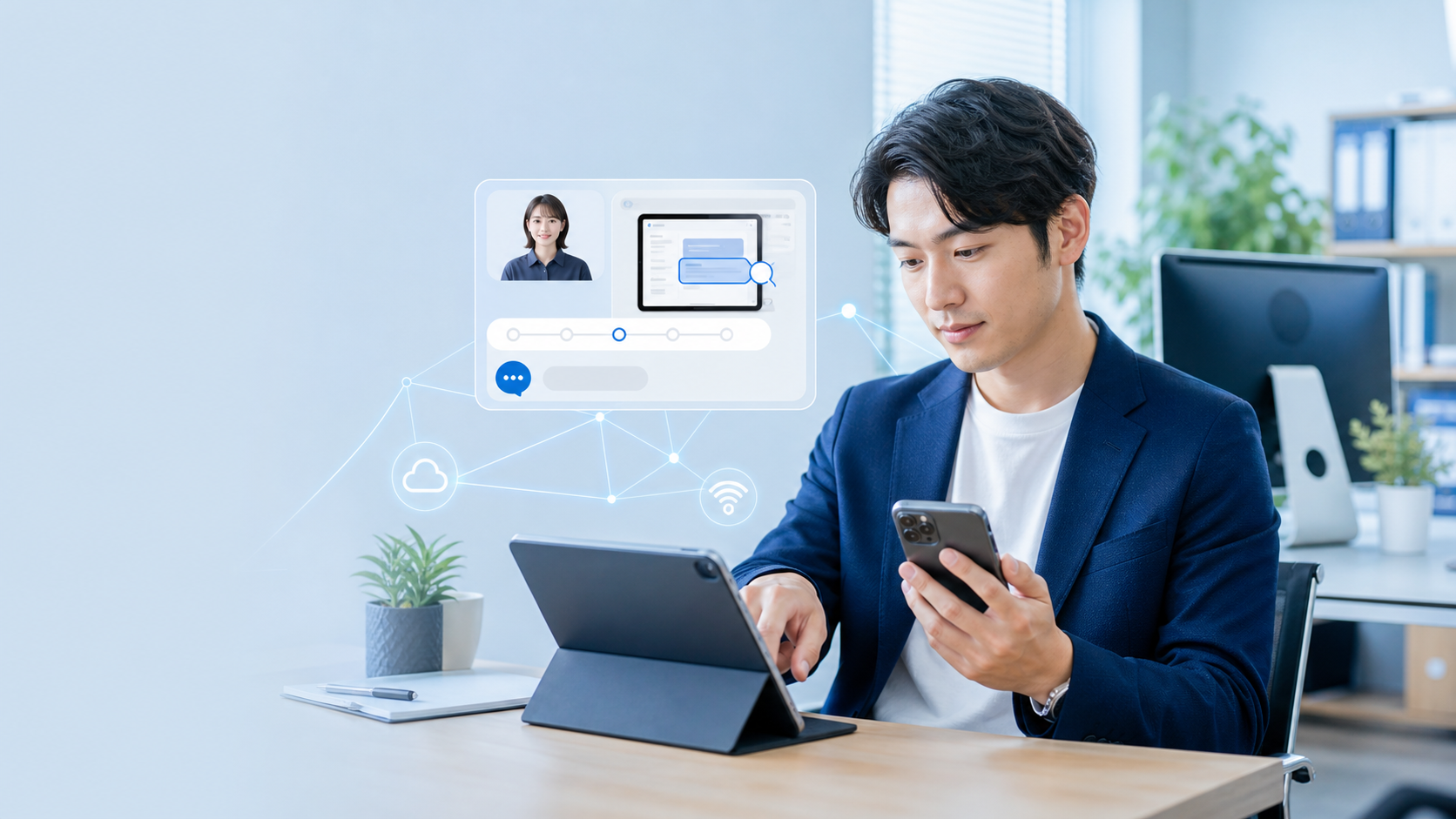 利用者がiPhoneとiPadの画面を共有し、AIヘルプセンターから操作案内を受けるイメージ