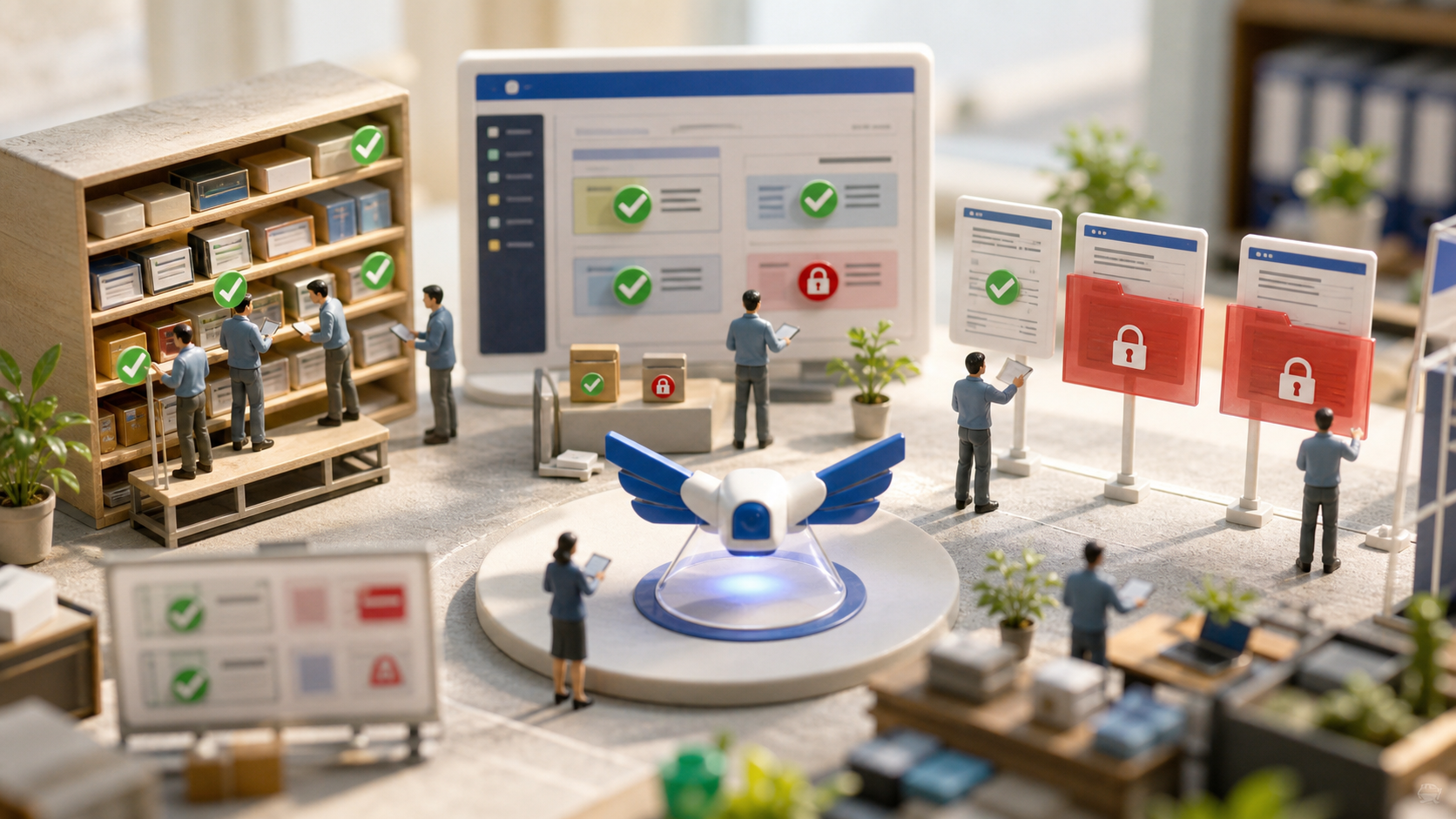ClearWingで検査対象と秘密情報を分ける業務点検を、小さな作業員と書類棚のミニチュアとして表したアイキャッチ