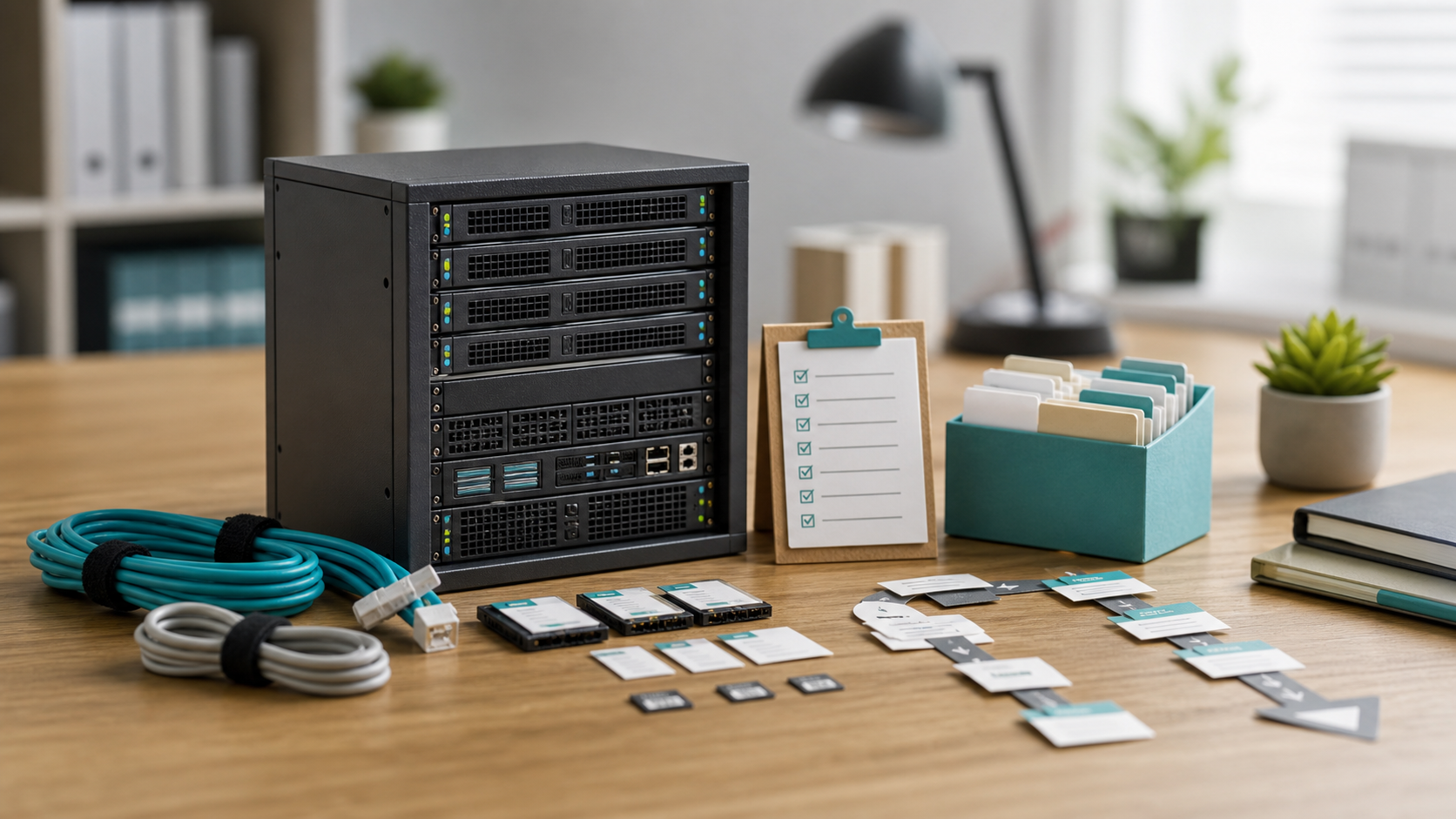 Proxmox config backupで設定カードと小型サーバーを整理する卓上ミニチュア風アイキャッチ