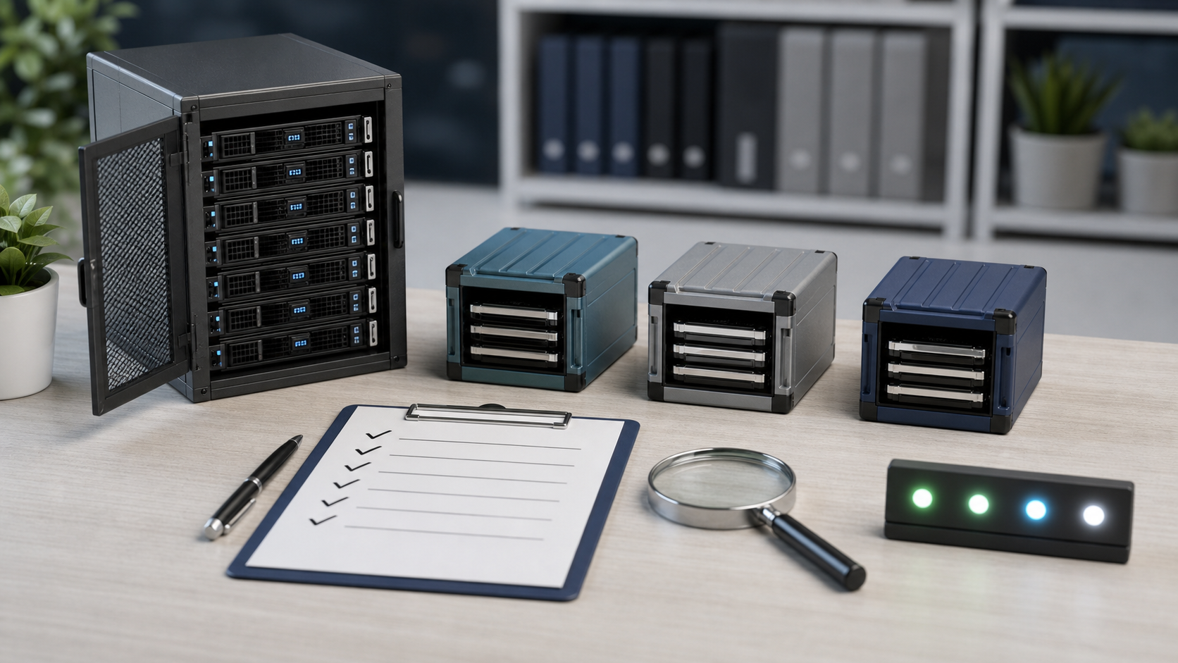 Proxmox config backupの月次点検を表すサーバー、バックアップケース、チェックリストの実写ミニチュア