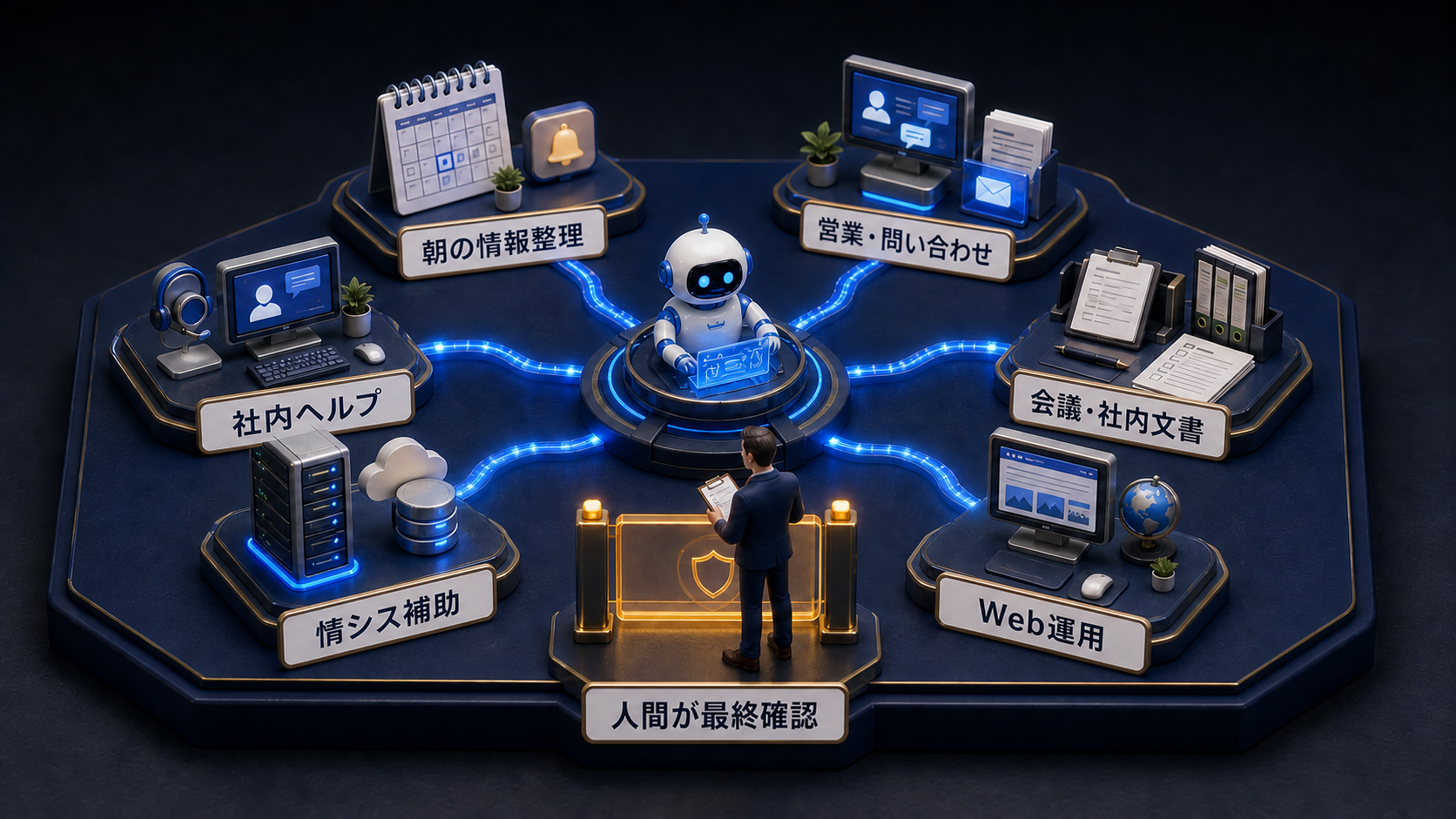AIエージェントが予定整理、営業・問い合わせ、文書、Web運用、情シス、ヘルプデスクを補助し、人間が承認する卓上ミニチュア