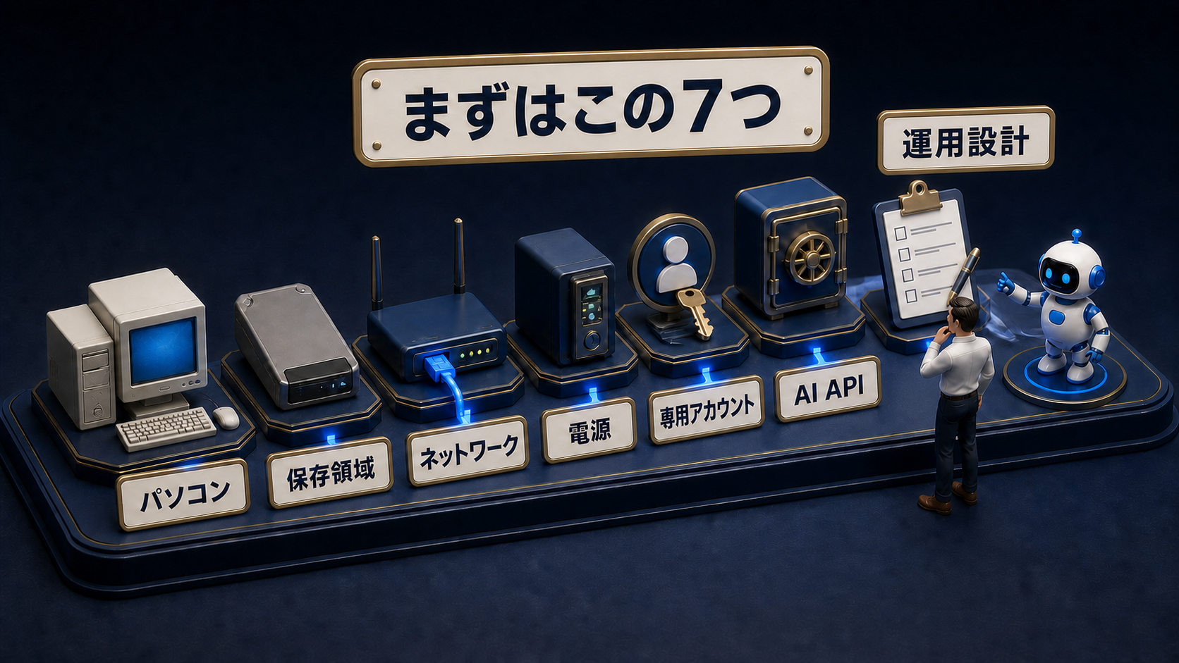 余っているパソコン、SSD、ネットワーク、UPS、専用アカウント、AI API、運用設計を並べた卓上ミニチュア