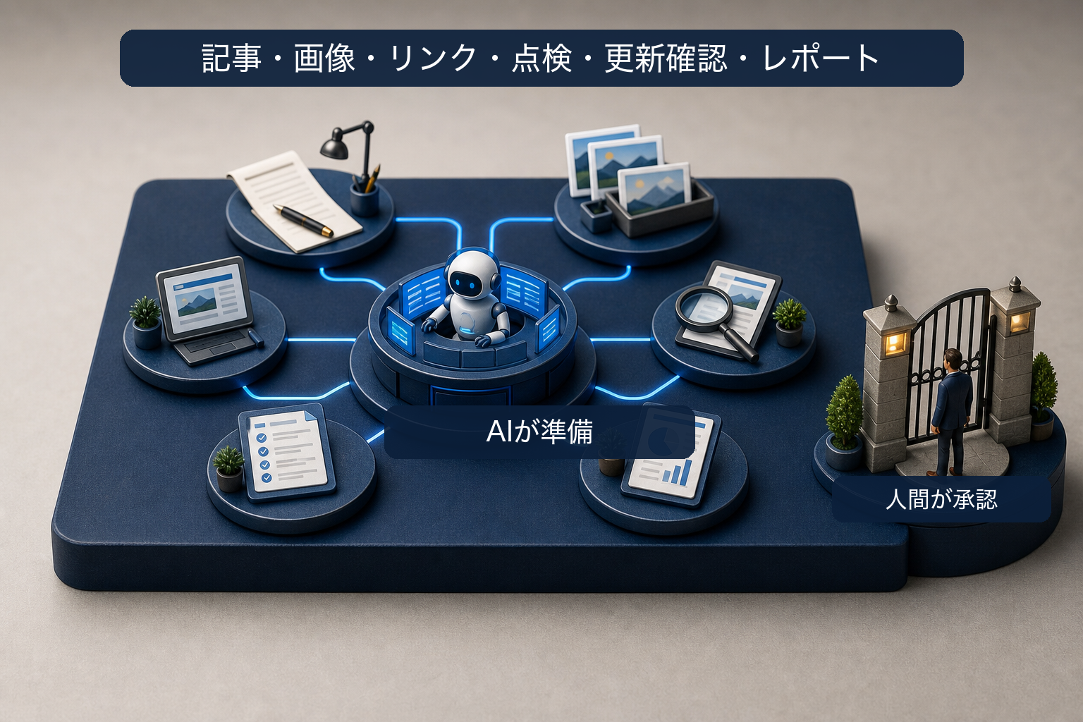 WordPressの記事、画像、リンク、点検、更新確認、レポートをAIが準備し、人間が承認する卓上ミニチュア