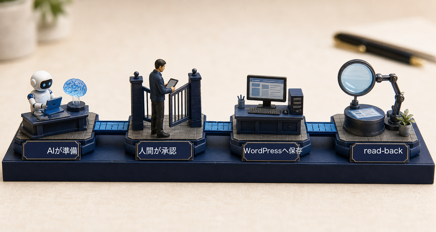 AIが準備、人間が承認、WordPressへ保存、read-backの責任分界を日本語ラベルで示す卓上ミニチュア