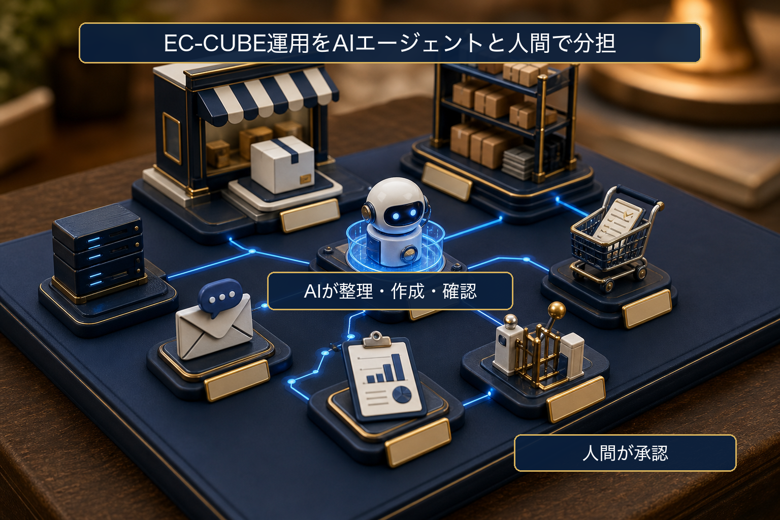 EC-CUBEの商品、在庫、受注、問い合わせ、レポートをAIが整理し、人間が承認する卓上ミニチュア