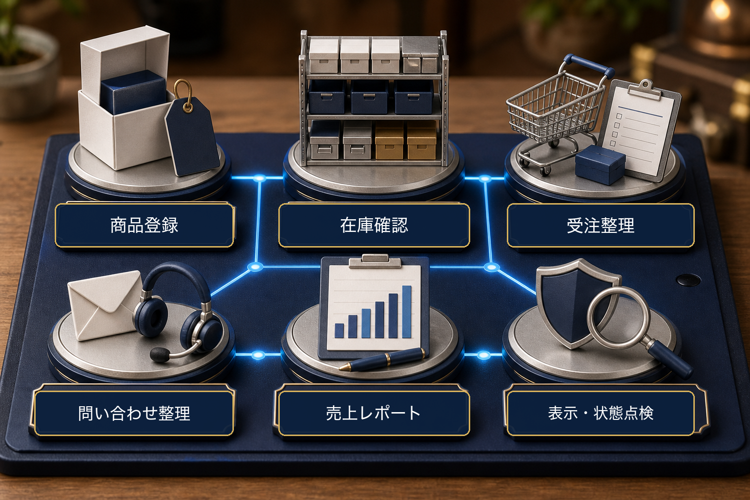 商品登録、在庫確認、受注整理、問い合わせ整理、売上レポート、表示・状態点検を日本語ラベルで示す卓上ミニチュア