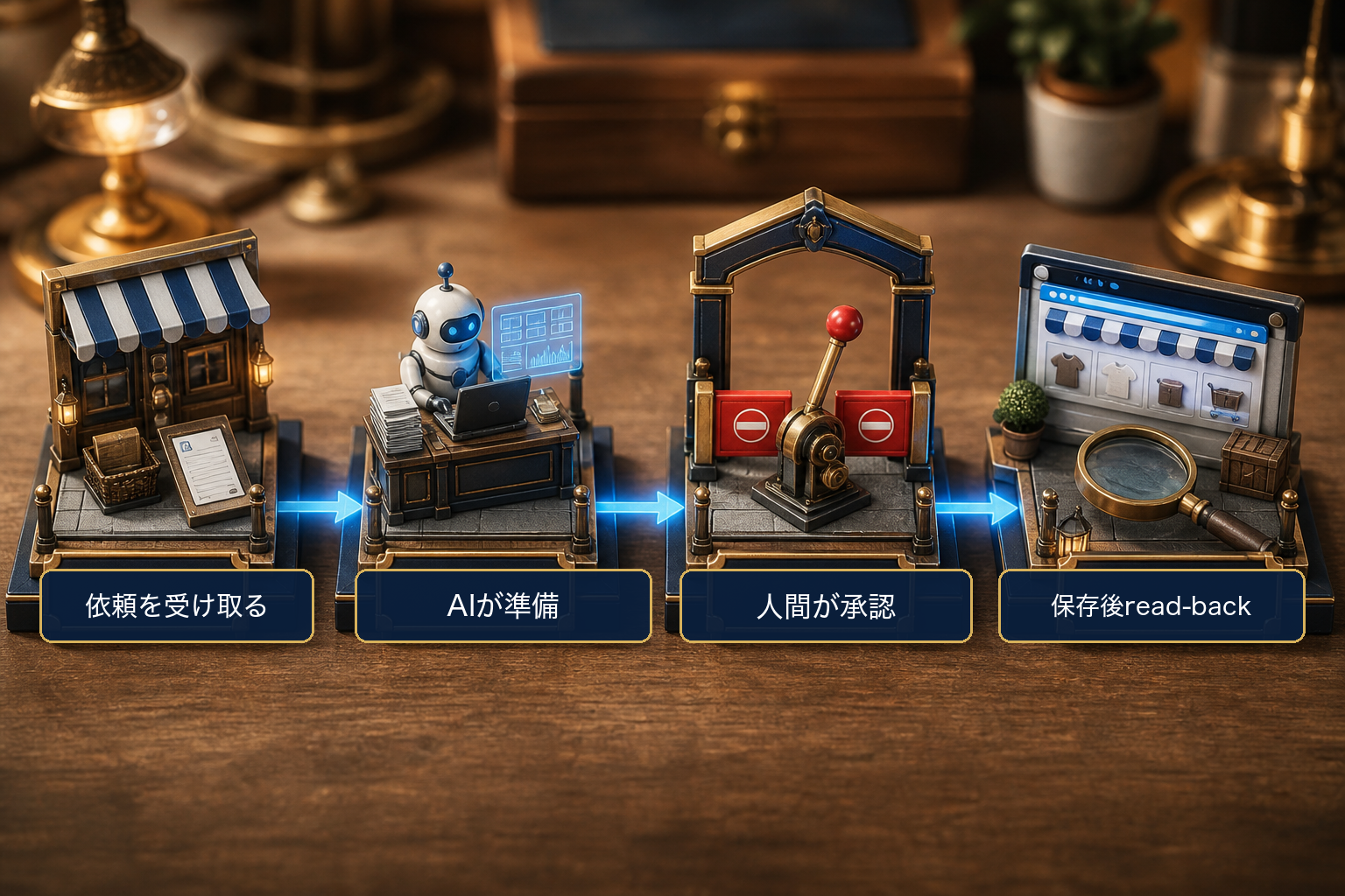 依頼を受け取り、AIが準備し、人間が承認し、保存後にread-backするEC-CUBE運用を日本語ラベルで示す卓上ミニチュア
