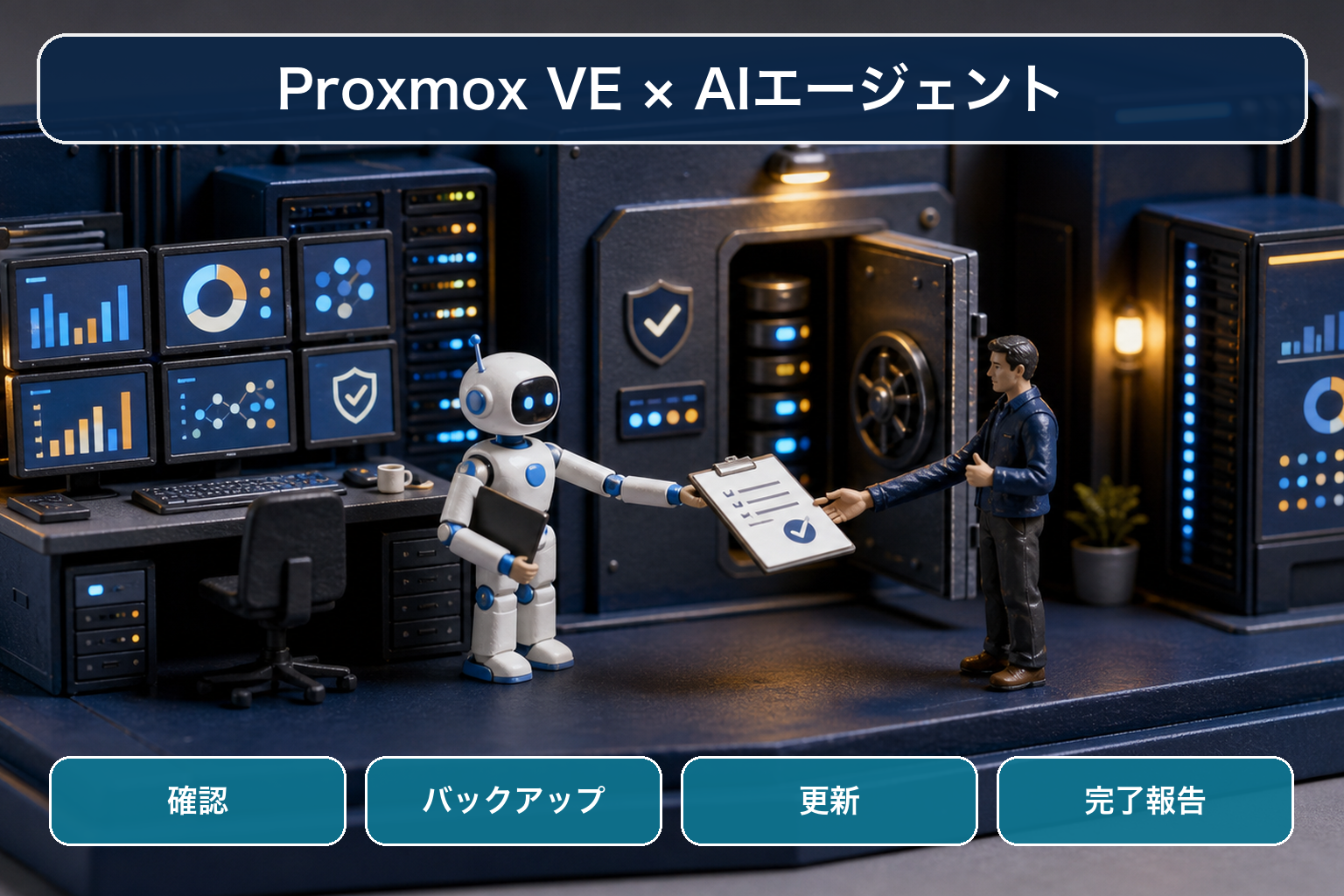 Proxmox VEの確認、バックアップ、更新、完了報告をAIエージェントと人間で分担する卓上ミニチュア