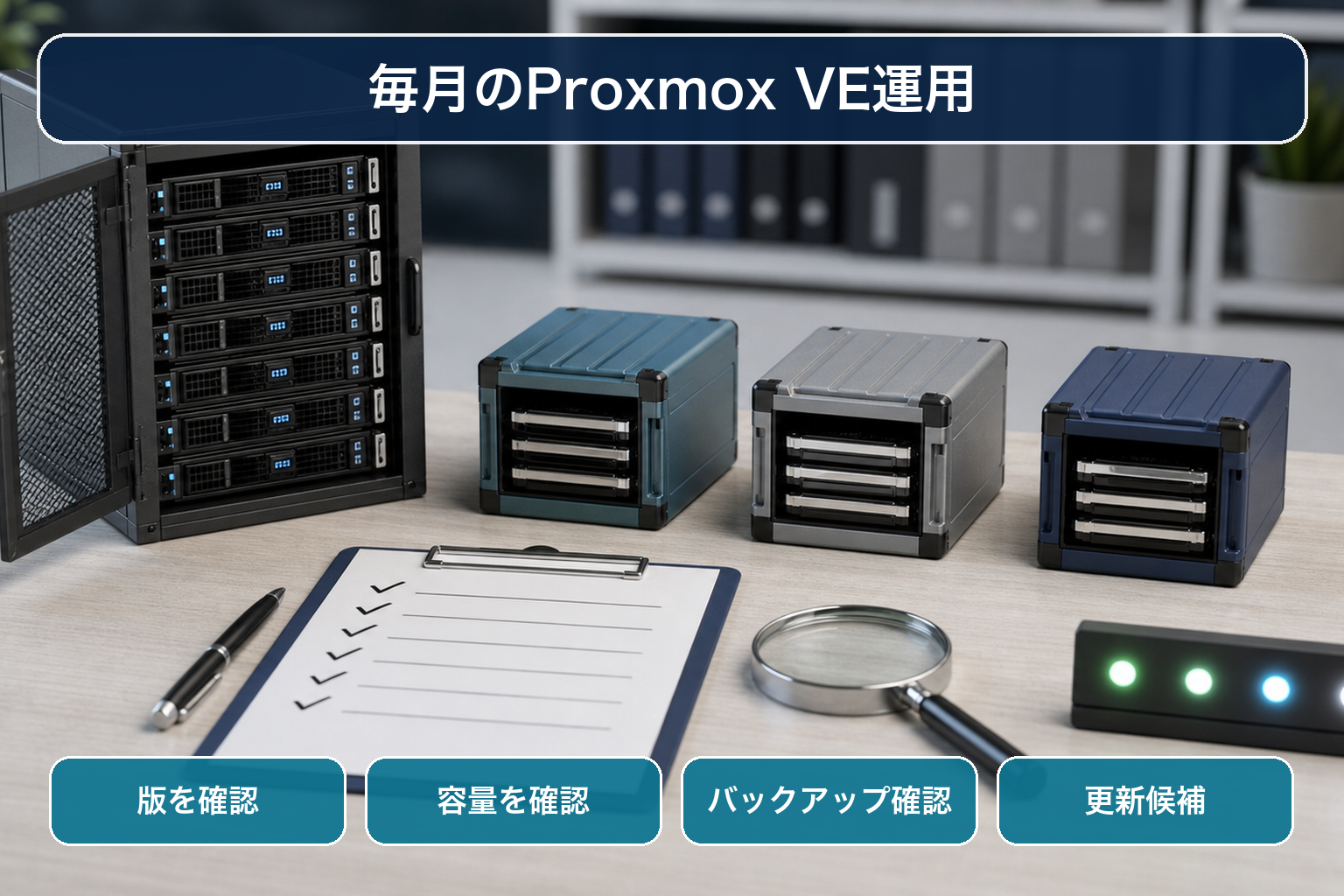 版を確認、容量を確認、バックアップ確認、更新候補を日本語ラベルで示すProxmox VE運用の卓上ミニチュア