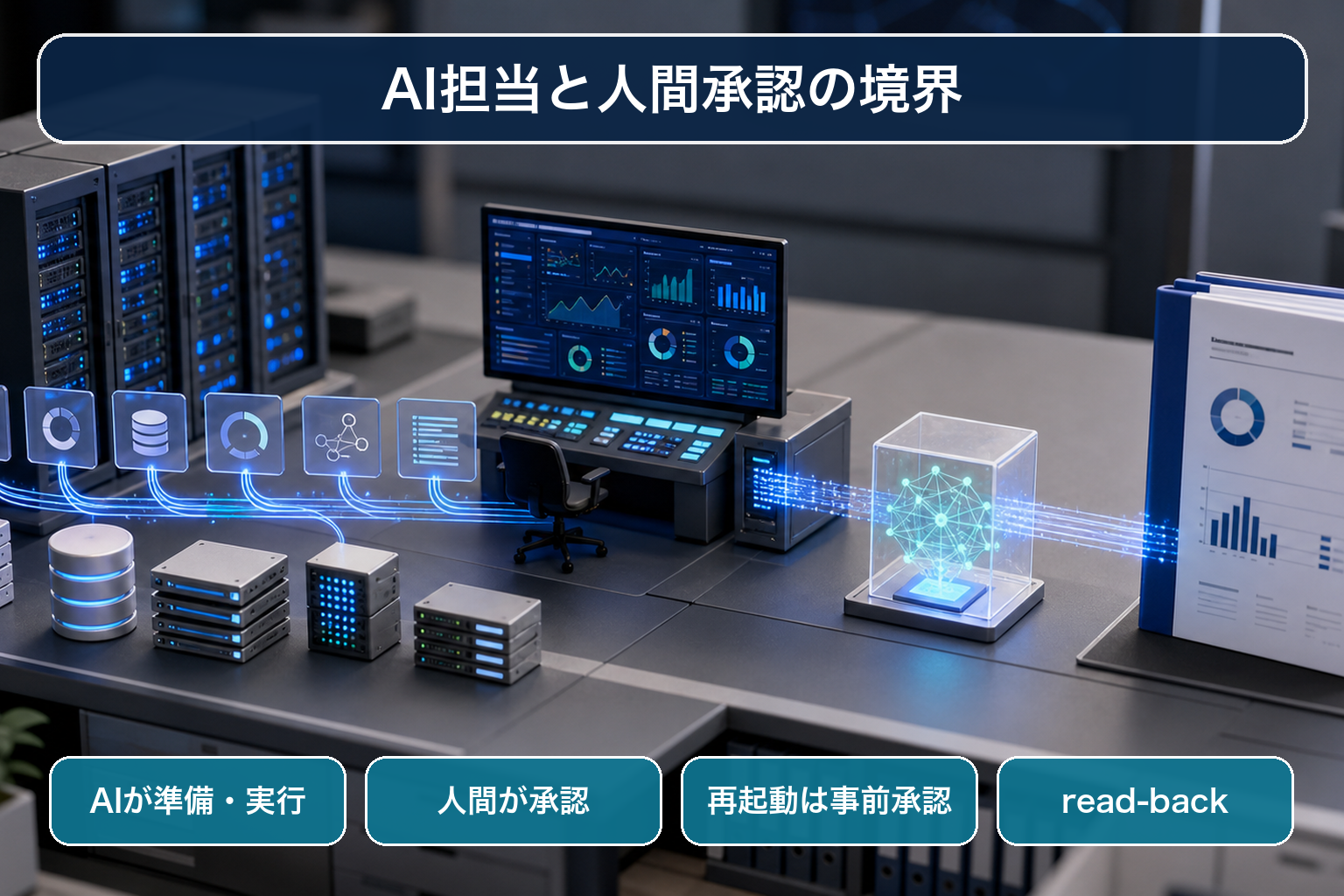 AIが準備・実行、人間が承認、再起動は事前承認、read-backの日本語ラベルで責任分界を示す卓上ミニチュア