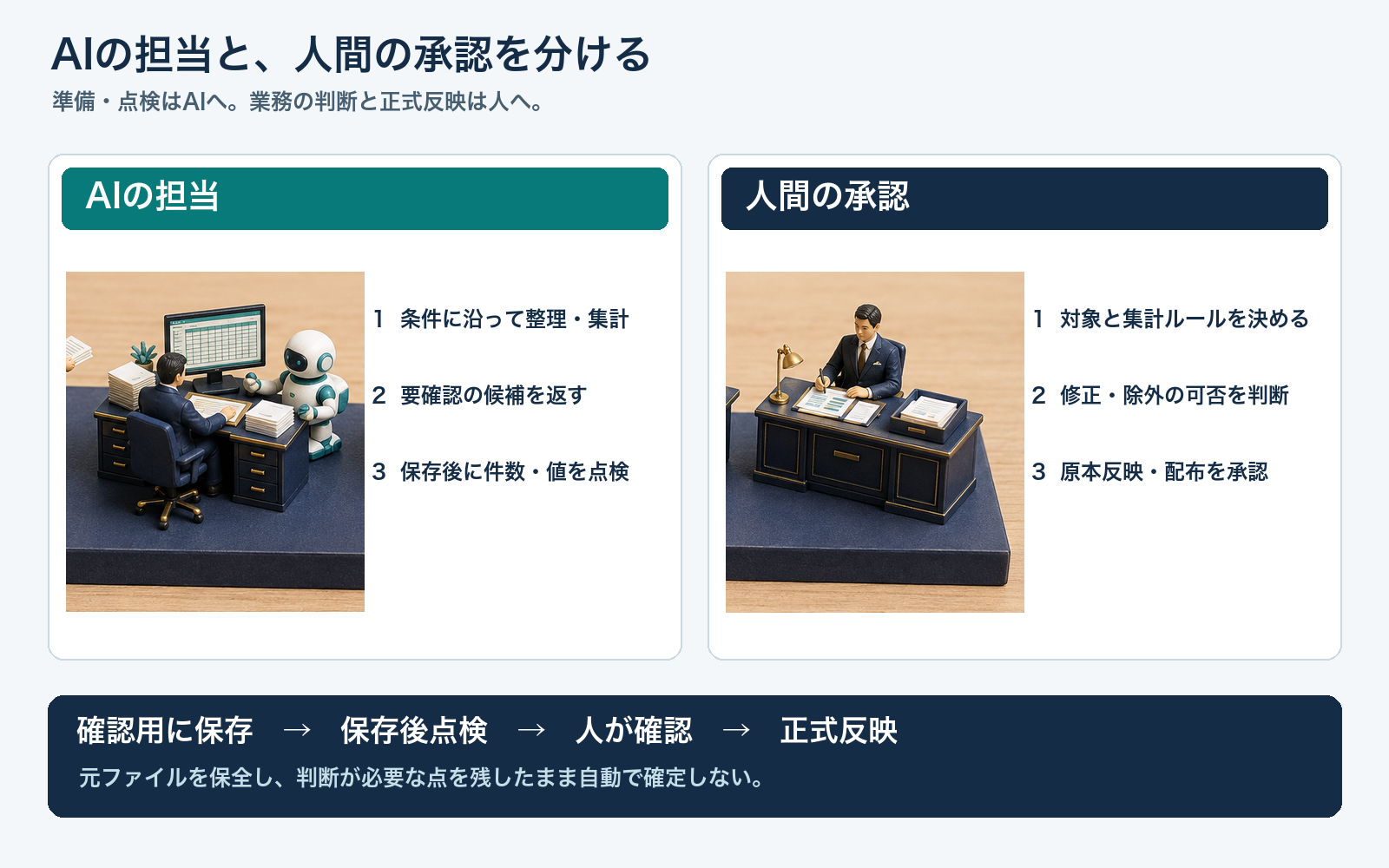 AIが準備・保存後点検・人間が承認・正式反映の責任分界を示す日本語ラベル付きミニチュア図。