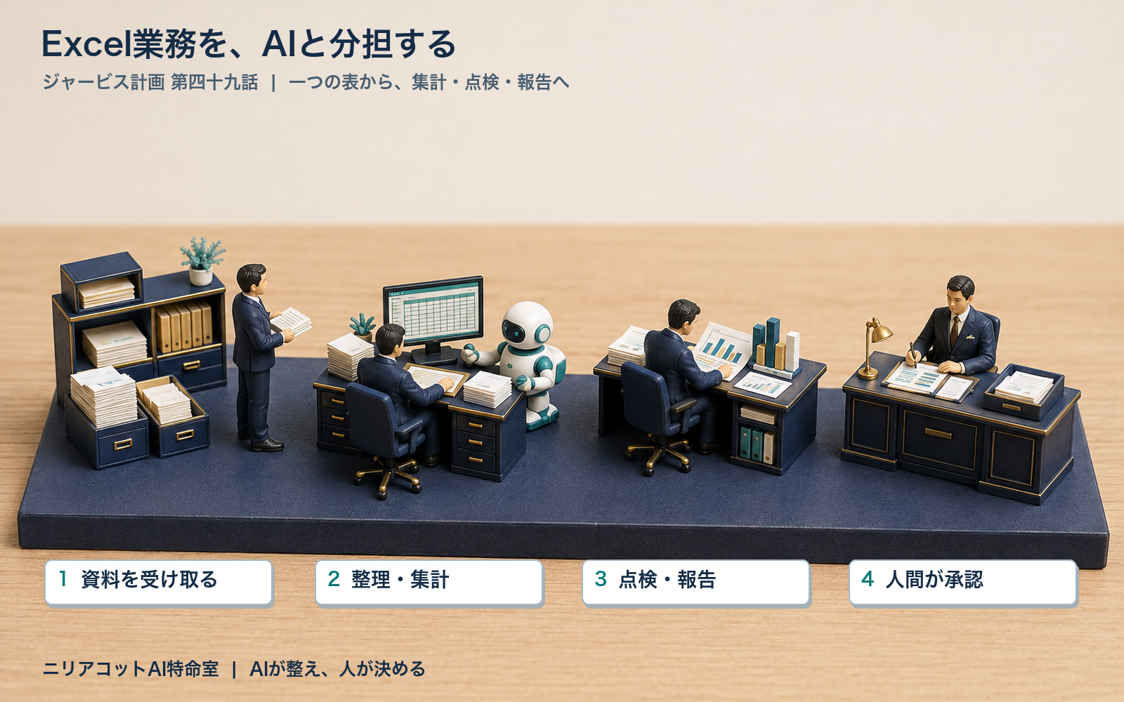 Excel資料の受取り、整理・集計、点検・報告、人間の承認を日本語ラベルで示す写真的な卓上ミニチュア