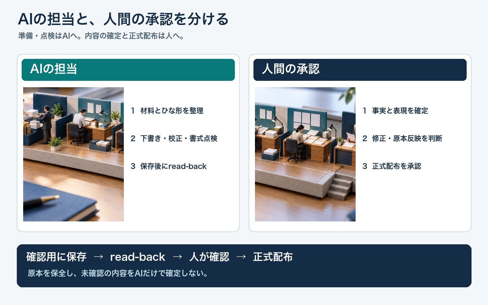 AIの担当と人間の承認を分け、確認用保存・read-back・正式配布までを日本語ラベルで示す写真的な卓上ミニチュア
