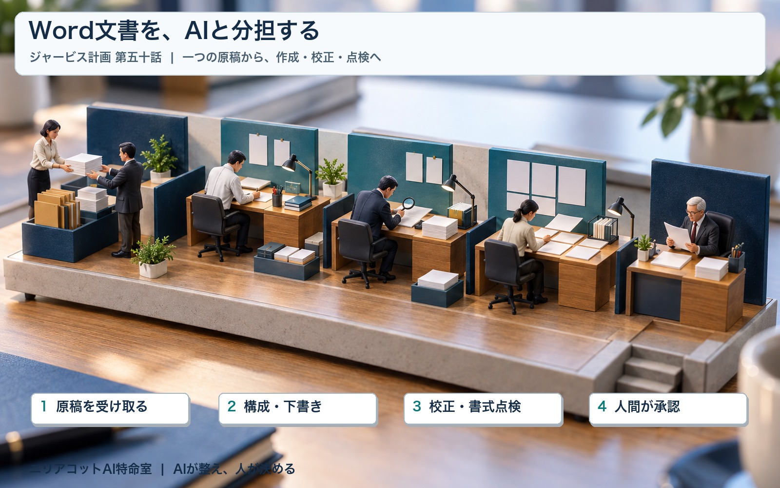 原稿の受取り、構成・下書き、校正・書式点検、人間の承認を日本語ラベルで示す写真的な卓上ミニチュア