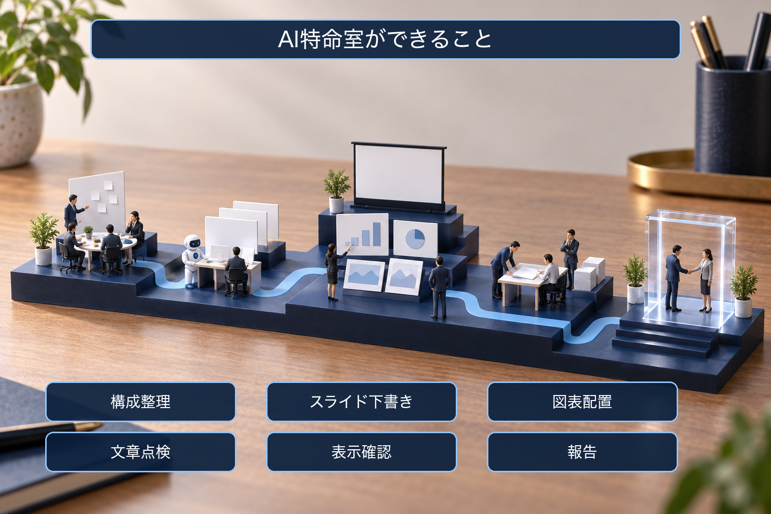 構成整理・スライド下書き・図表配置・文章点検・表示確認・報告のPowerPoint業務を日本語ラベルで示す卓上ミニチュア