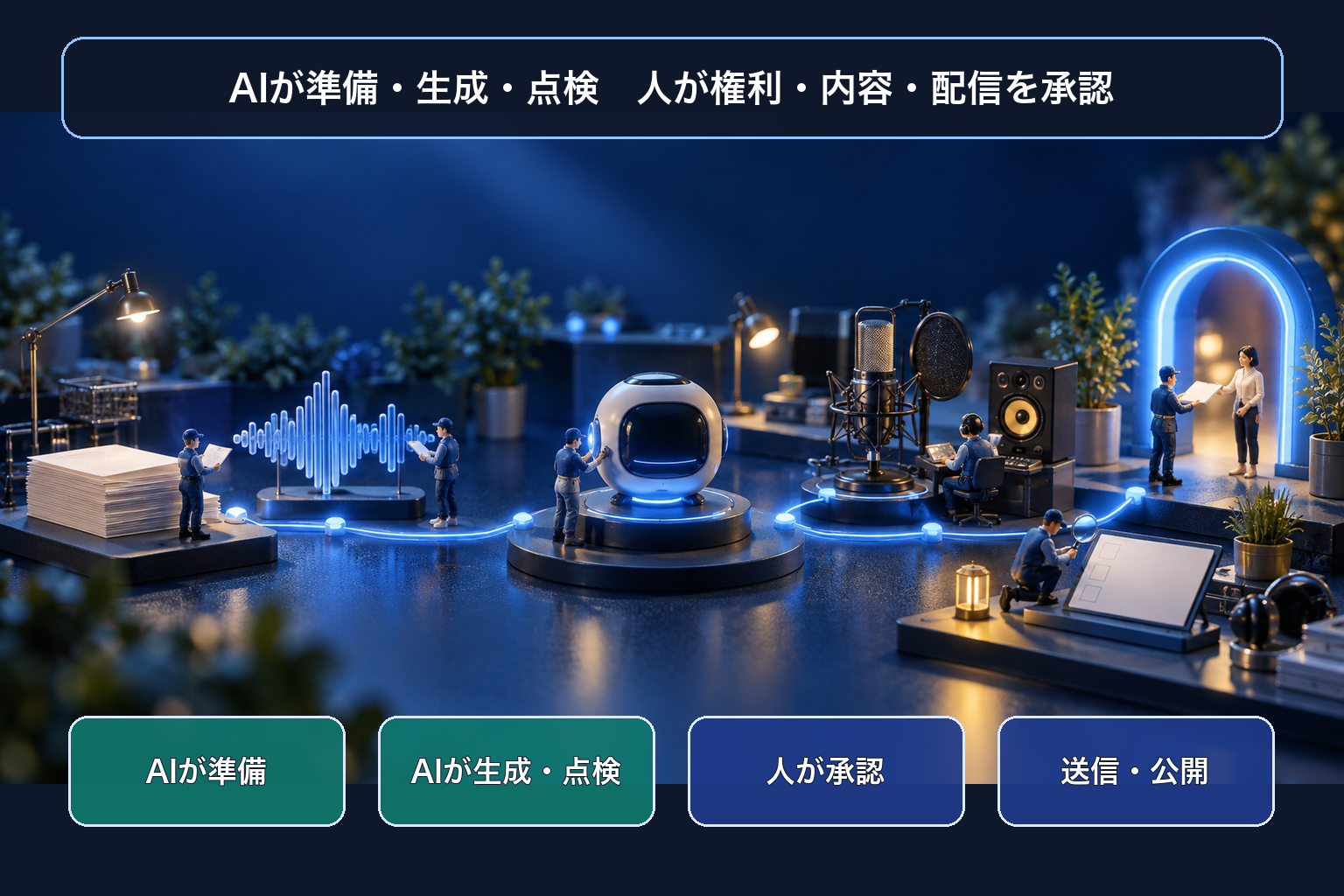 AIが準備・生成・点検し人が権利・内容・配信を承認するGPT-SoVITS運用を日本語ラベルで示す卓上ミニチュア