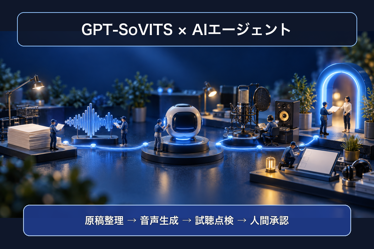 GPT-SoVITSの原稿整理・音声生成・試聴点検・人間承認を日本語ラベルで示す卓上ミニチュア