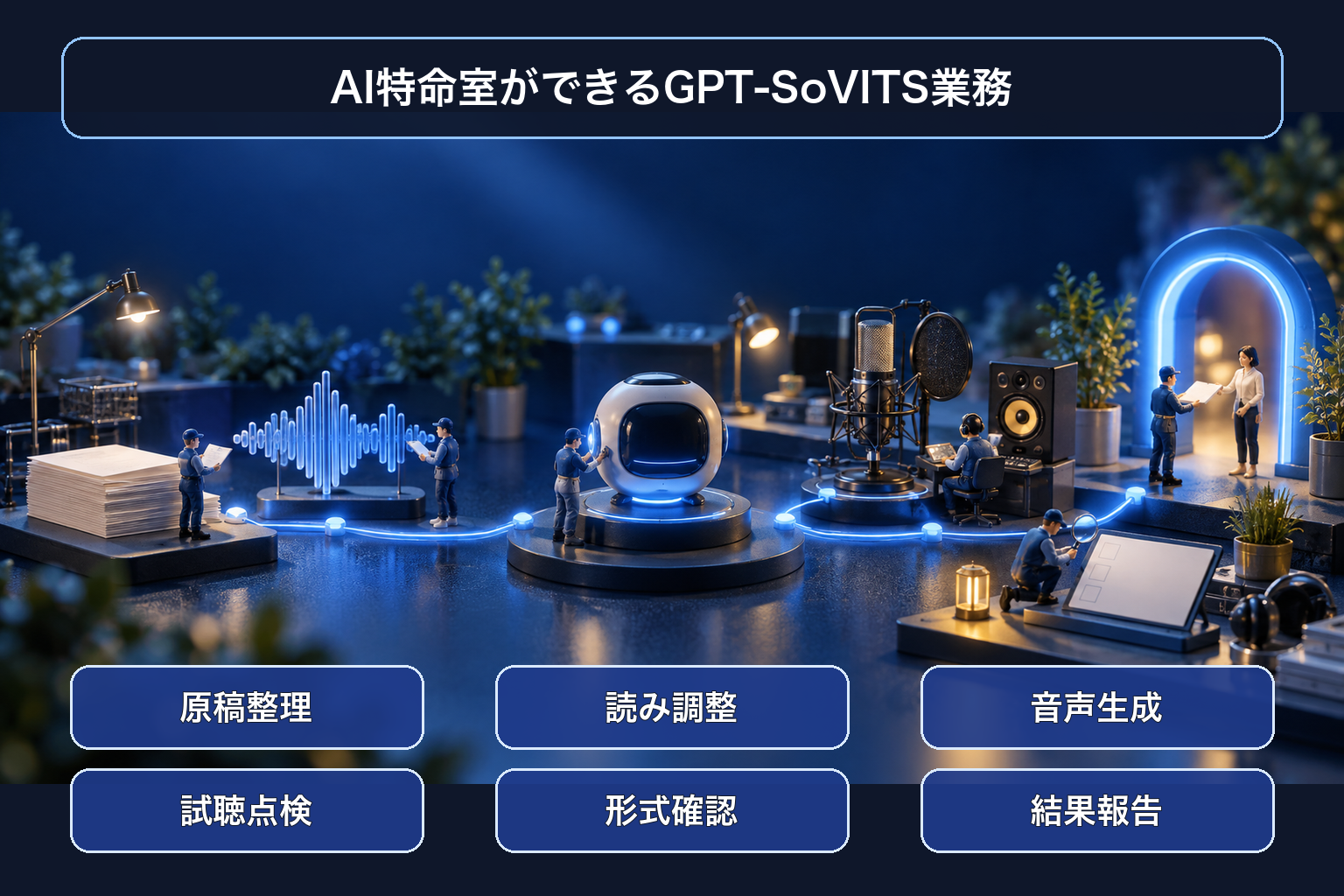 原稿整理・読み調整・音声生成・試聴点検・形式確認・報告のGPT-SoVITS業務を日本語ラベルで示す卓上ミニチュア