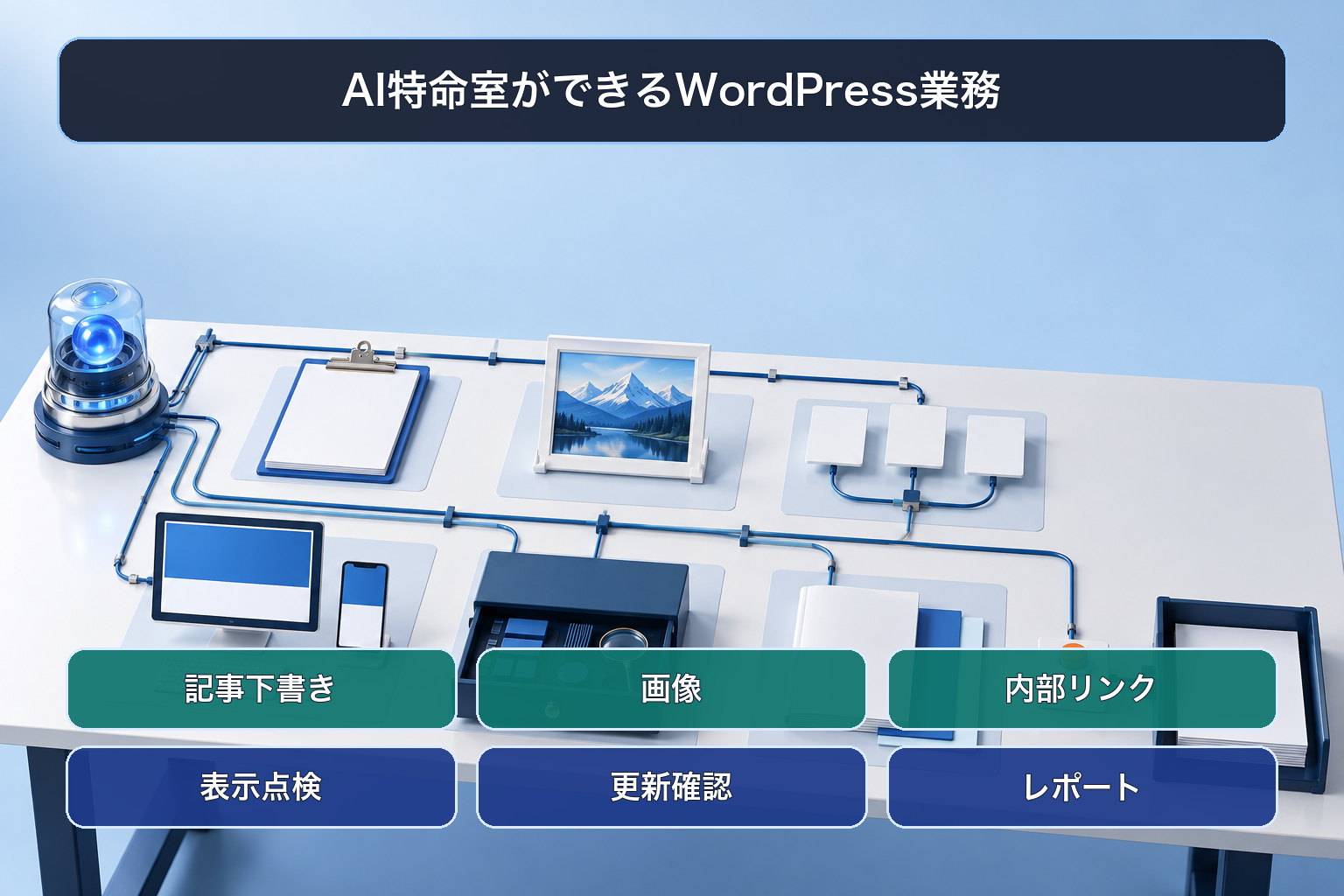 記事下書き・画像・内部リンク・表示点検・更新確認・レポートのWordPress定型業務を日本語ラベルで示す卓上ミニチュア