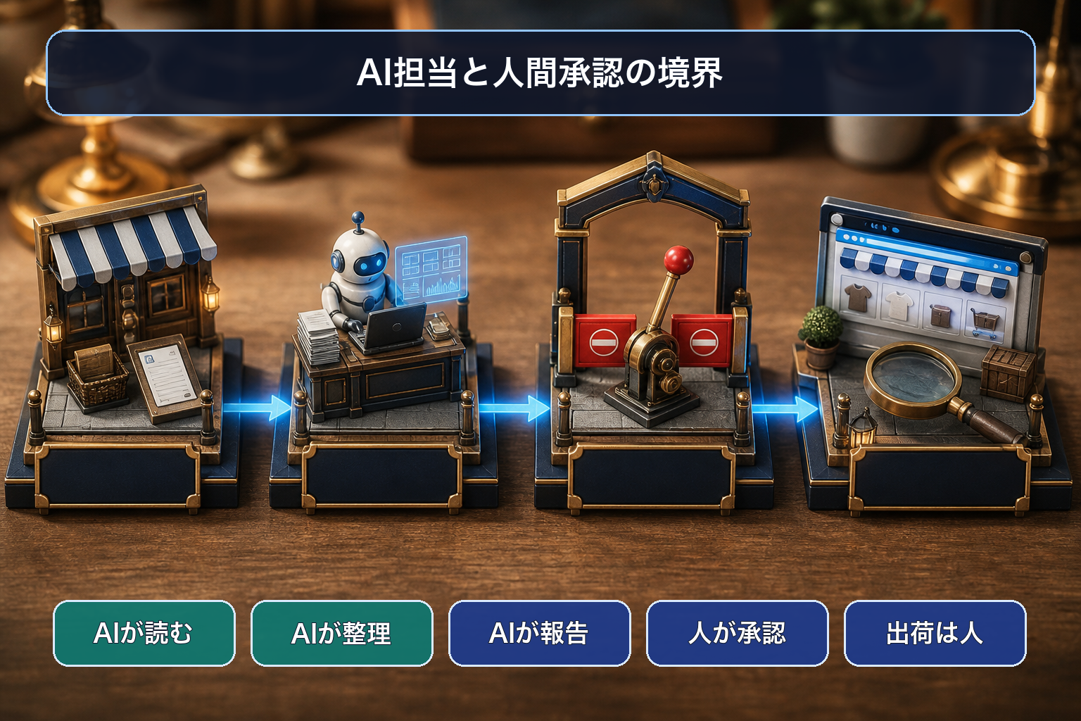 EC-CUBE運用でAIが状態を読み整理して報告し、人が出荷と顧客対応を承認する境界を示す日本語ラベル付きミニチュア