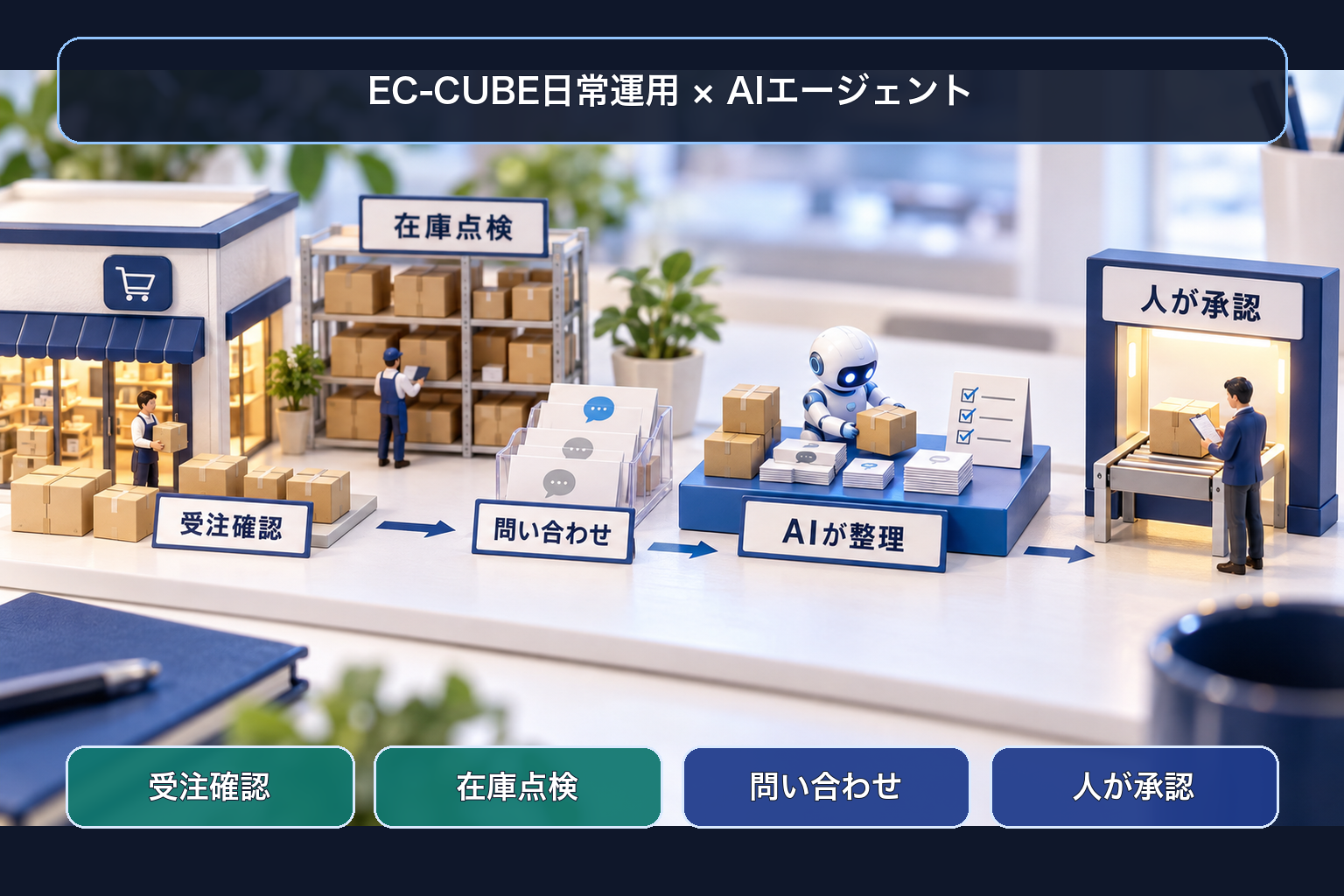 EC-CUBEの日常運用で受注・在庫・問い合わせをAIが整理し人が承認する日本語ラベル付き卓上ミニチュア