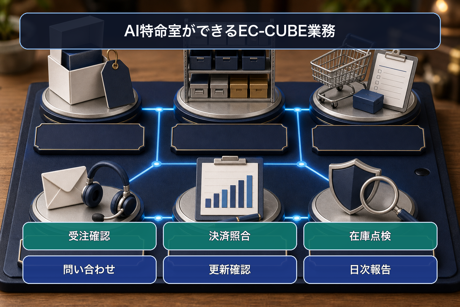EC-CUBEの受注確認、決済照合、在庫点検、問い合わせ整理、更新確認、日次報告を示す日本語ラベル付きミニチュア