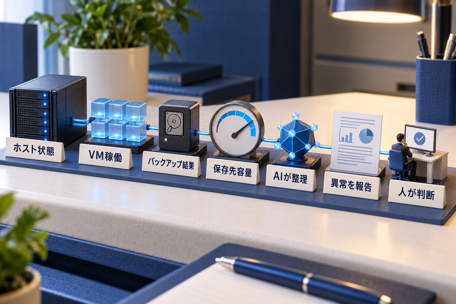 Proxmox VEのホスト状態、VM稼働、バックアップ結果、保存先容量をAIが整理し人が判断する日本語ラベル付き卓上ミニチュア