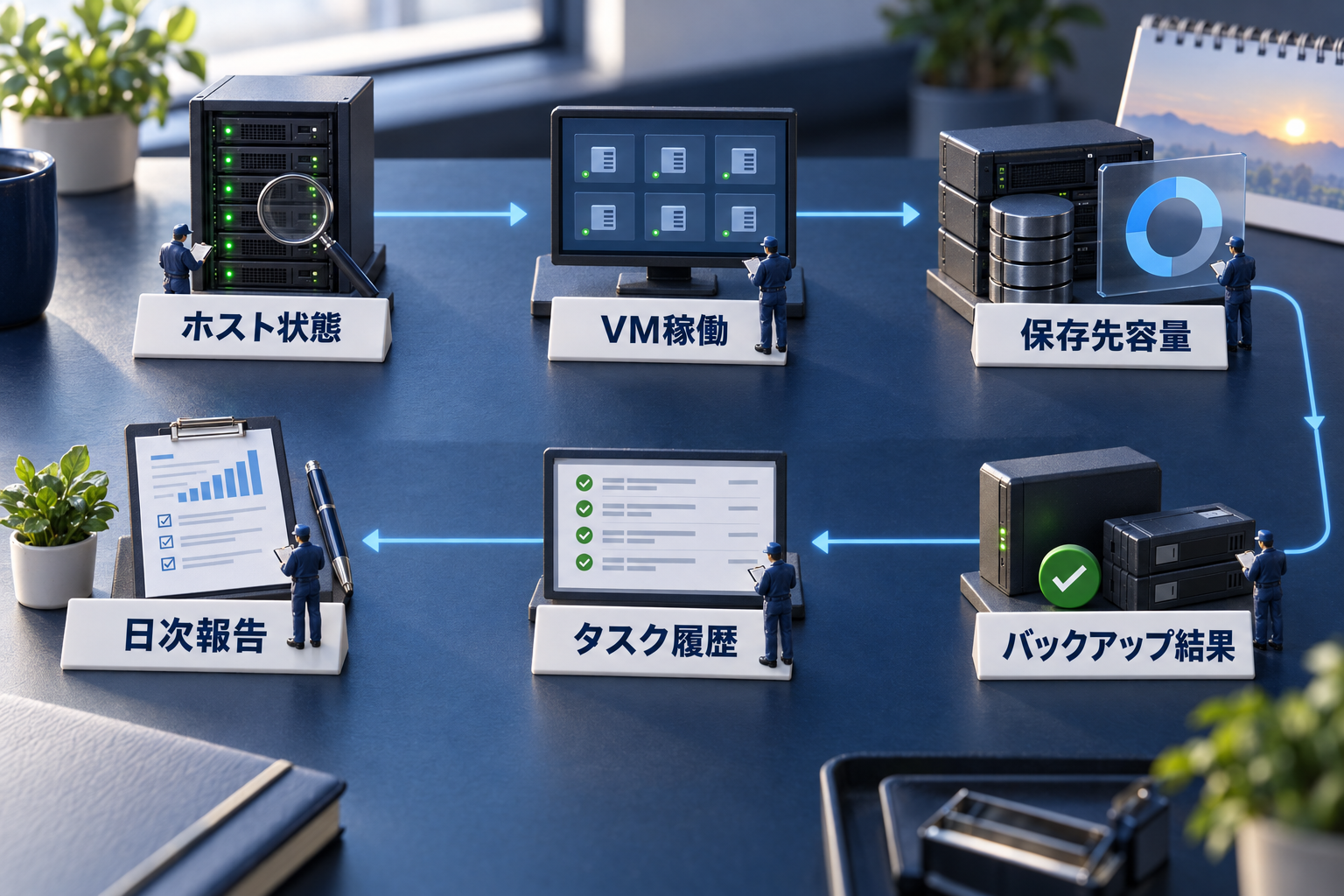 ホスト状態、VM稼働、保存先容量、バックアップ結果、タスク履歴を日本語ラベルで示す卓上ミニチュア
