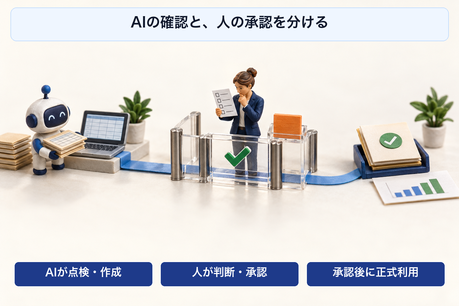 AIが受領と点検を行い人が例外と集計結果を承認して正式利用する境界を示す日本語ラベル付きミニチュア