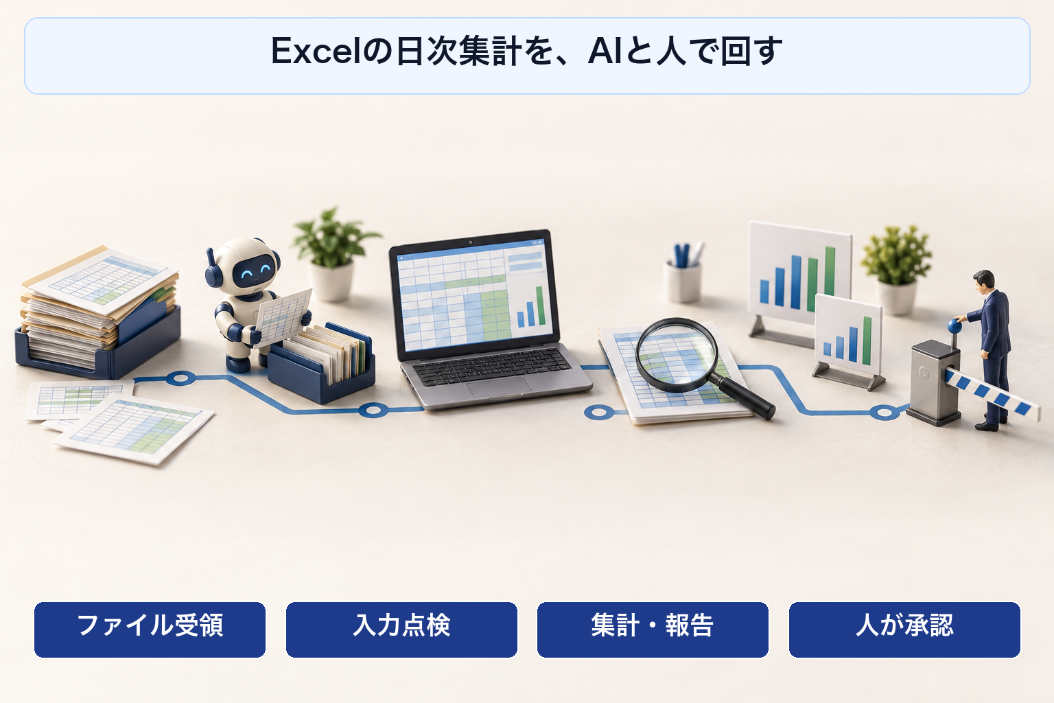 Excelの日次集計でファイル受領、入力点検、集計、人の承認をつなぐ日本語ラベル付き卓上ミニチュア