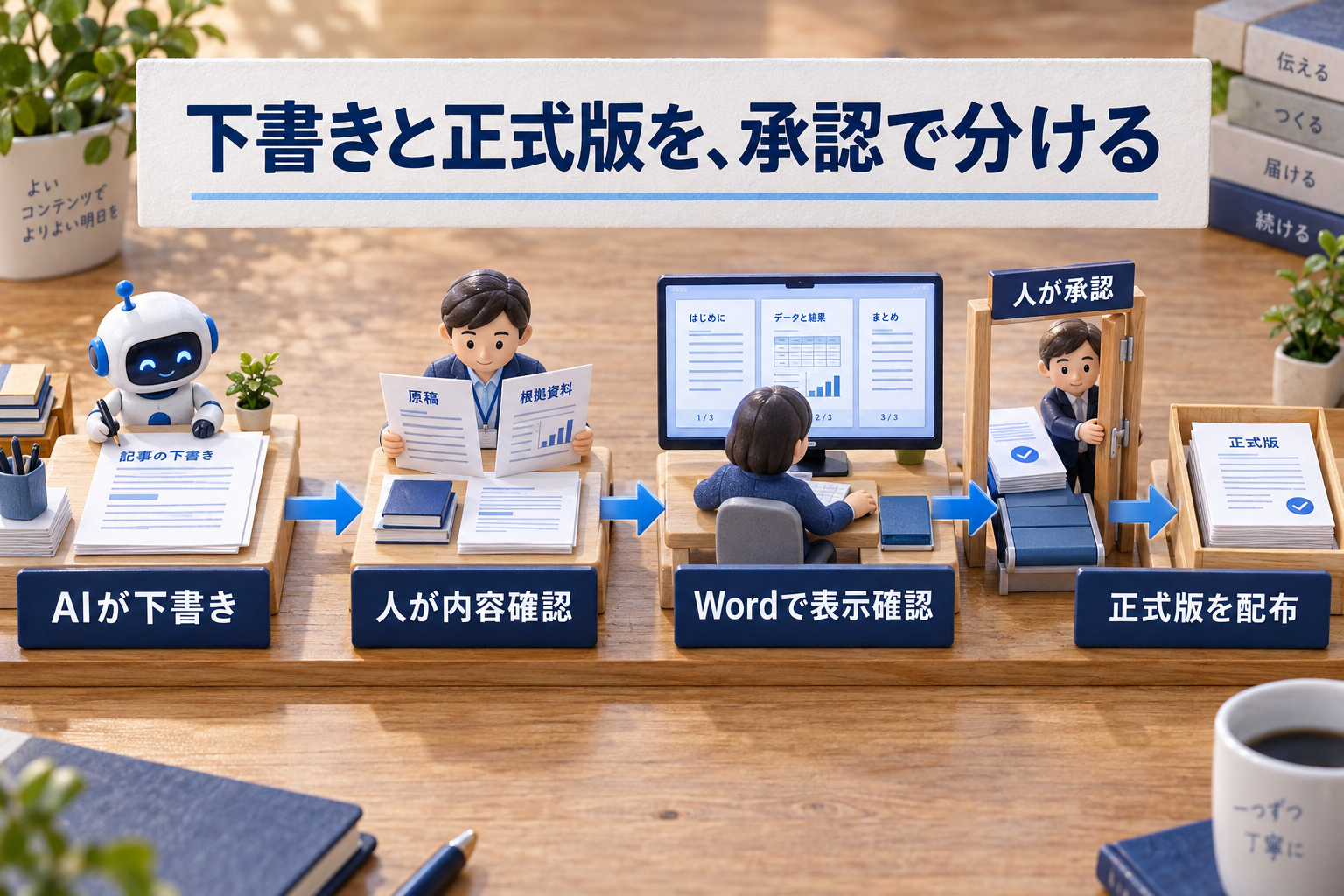 AIが下書き、人が内容確認、Wordで表示確認、正式版を配布の承認境界を示す日本語ラベル付き卓上ミニチュア