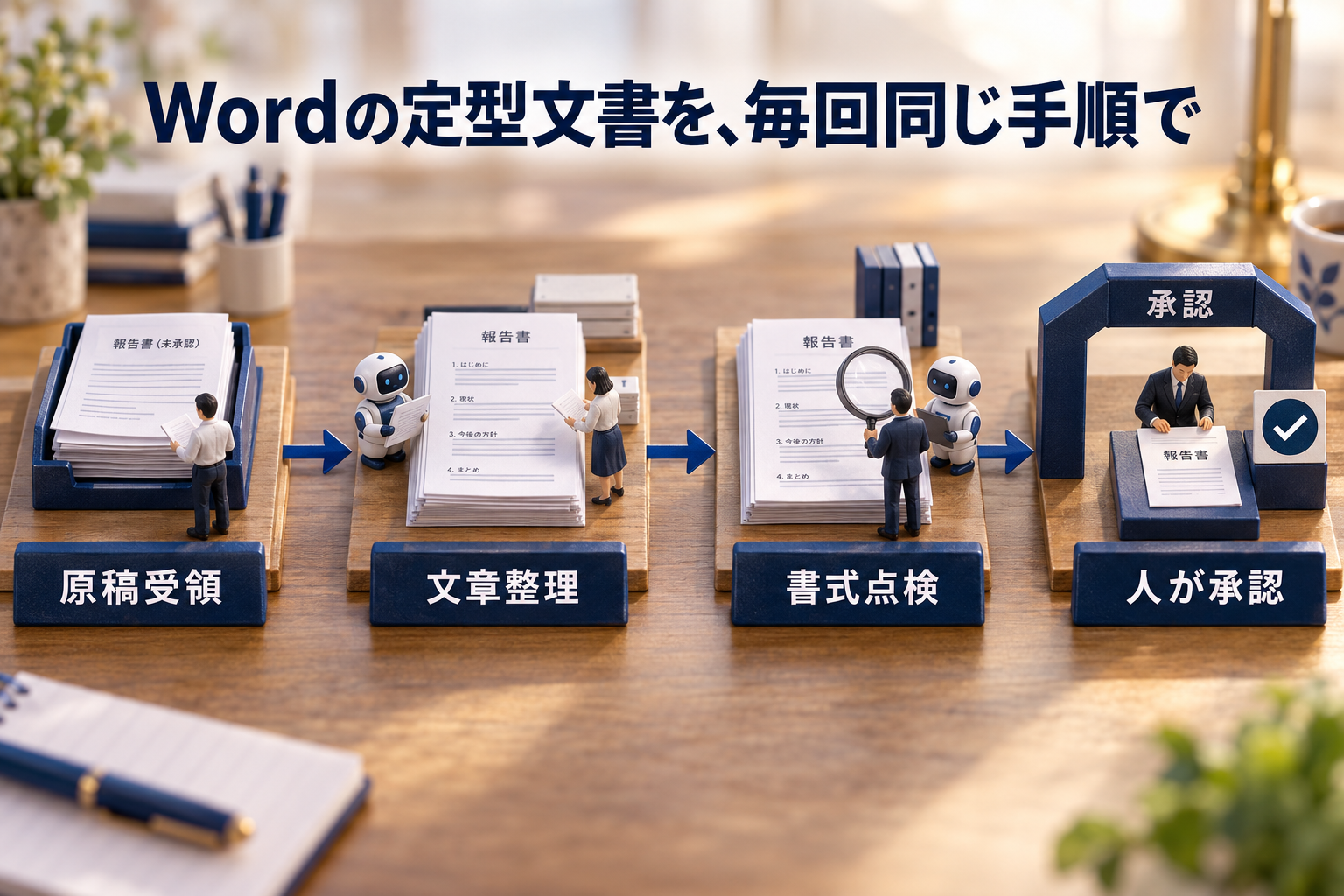 Wordの定型文書で原稿受領、文章整理、書式点検、人の承認をつなぐ日本語ラベル付き卓上ミニチュア