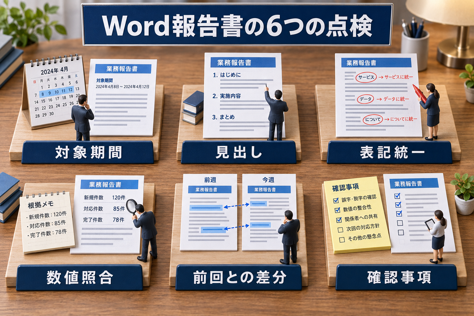 対象期間、見出し、表記統一、数値照合、前回との差分、確認事項を示すWord報告書の日本語ラベル付き卓上ミニチュア