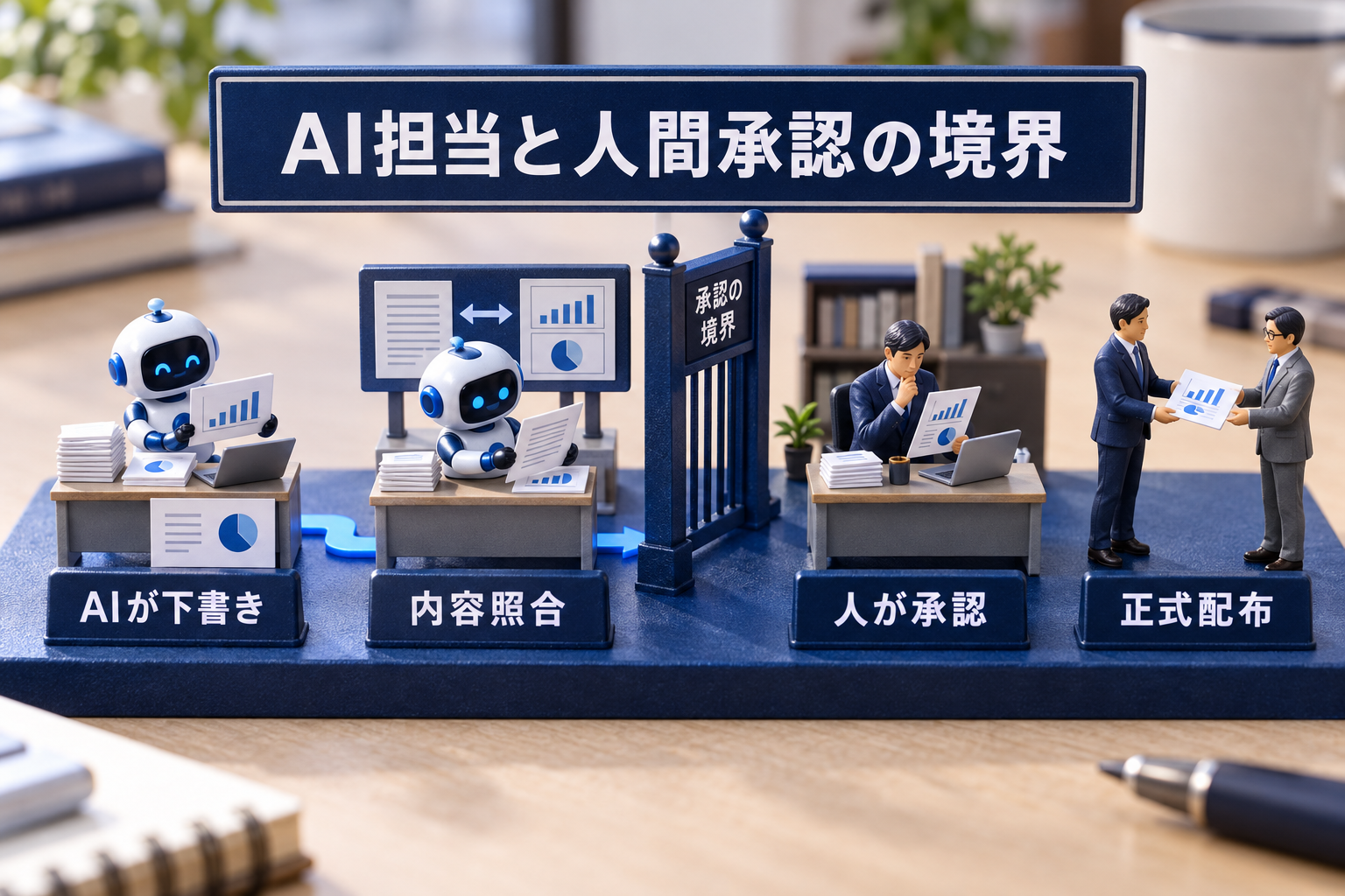 AIが下書き・内容照合・人が承認・正式配布を示す日本語ラベル付き卓上ミニチュア
