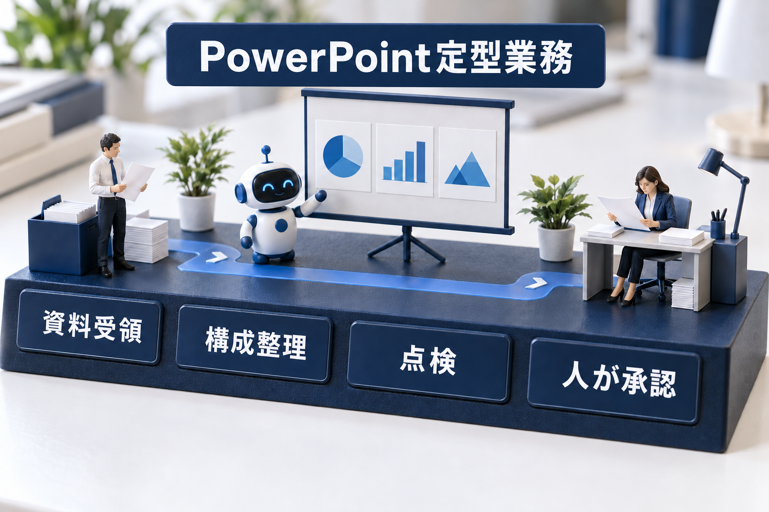 資料受領・構成整理・点検・人の承認をつなぐPowerPoint定型業務の日本語ラベル付き卓上ミニチュア