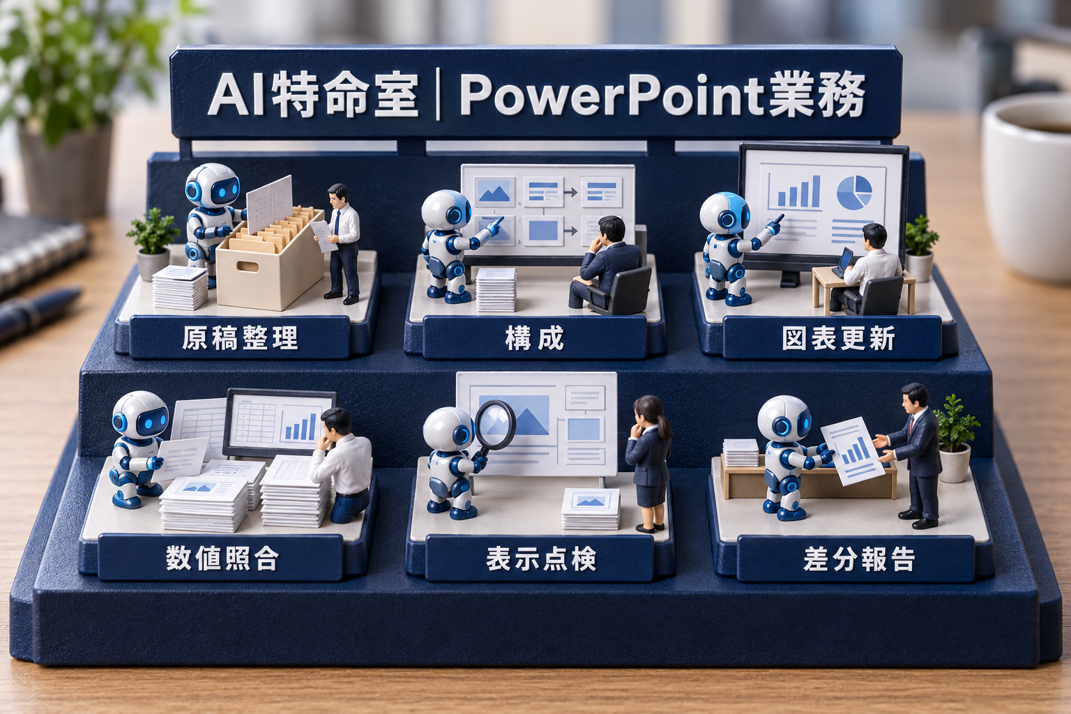 原稿整理・構成・図表更新・数値照合・表示点検・差分報告を示すPowerPoint業務の日本語ラベル付き卓上ミニチュア