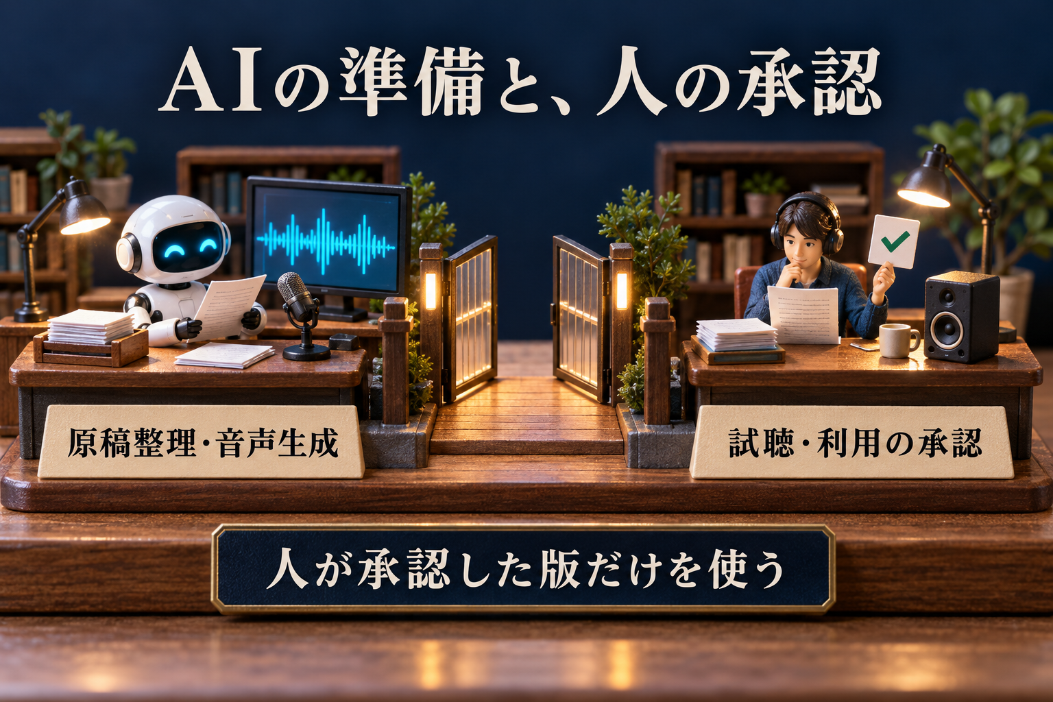 AIが準備し、人が試聴と公開を承認する日本語付き卓上ミニチュア