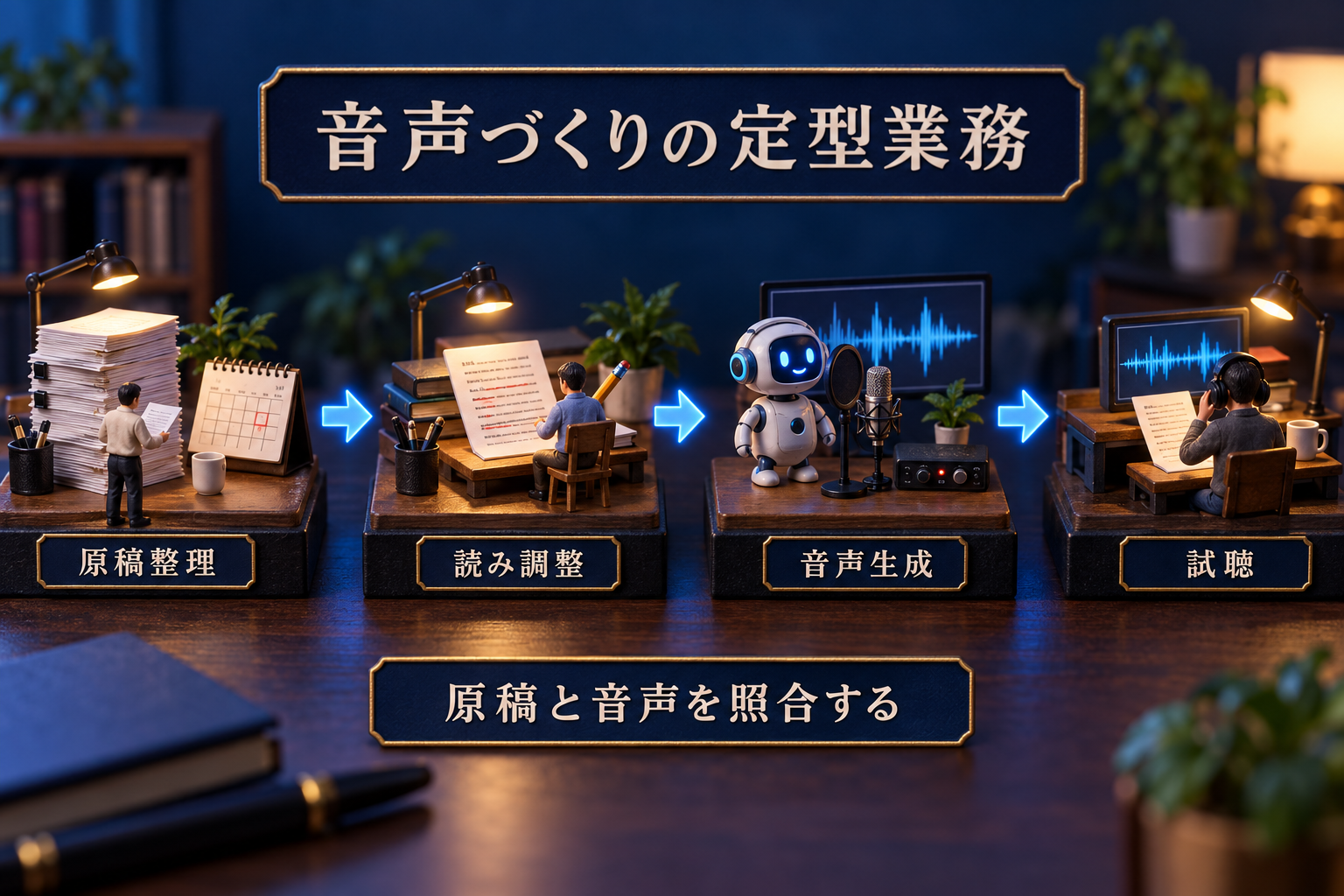 原稿整理、読み調整、音声生成、試聴を示す日本語付き卓上ミニチュア