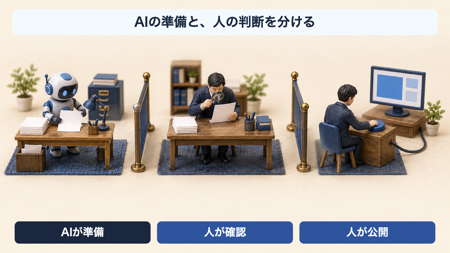 AIが準備、人が確認、人が公開の境界を示す日本語ラベル付き卓上ミニチュア