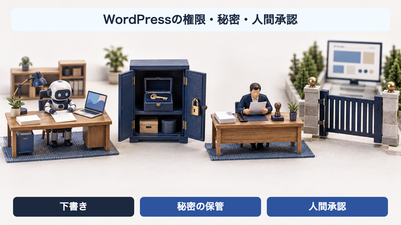 WordPressの下書き、秘密の保管、人間承認を示す日本語ラベル付き卓上ミニチュア