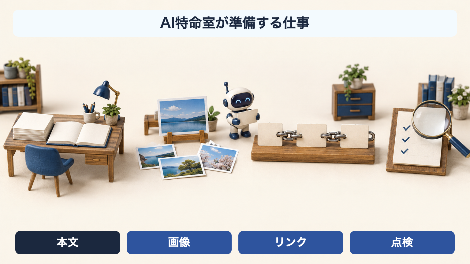 本文、画像、リンク、点検の準備作業を示す日本語ラベル付き卓上ミニチュア