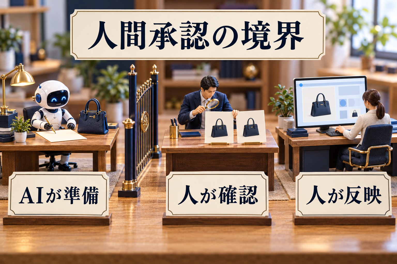 AIが準備、人が確認、人が反映を示す日本語ラベル付き卓上ミニチュア