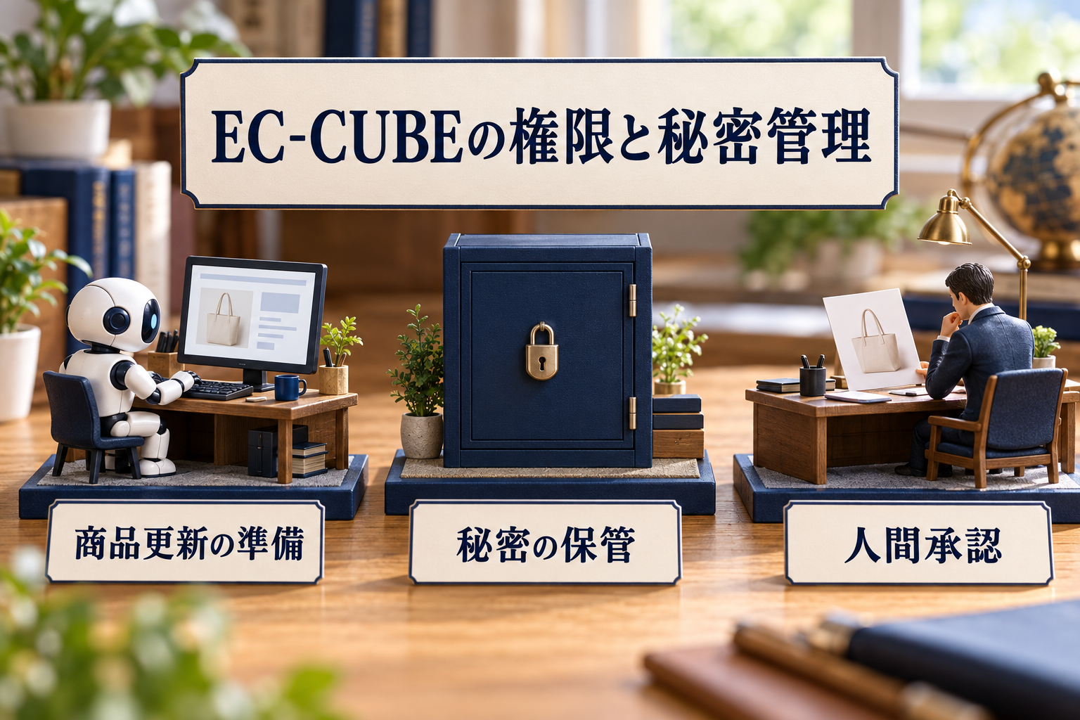 EC-CUBEの商品更新の準備、秘密の保管、人間承認を分けた日本語ラベル付き卓上ミニチュア