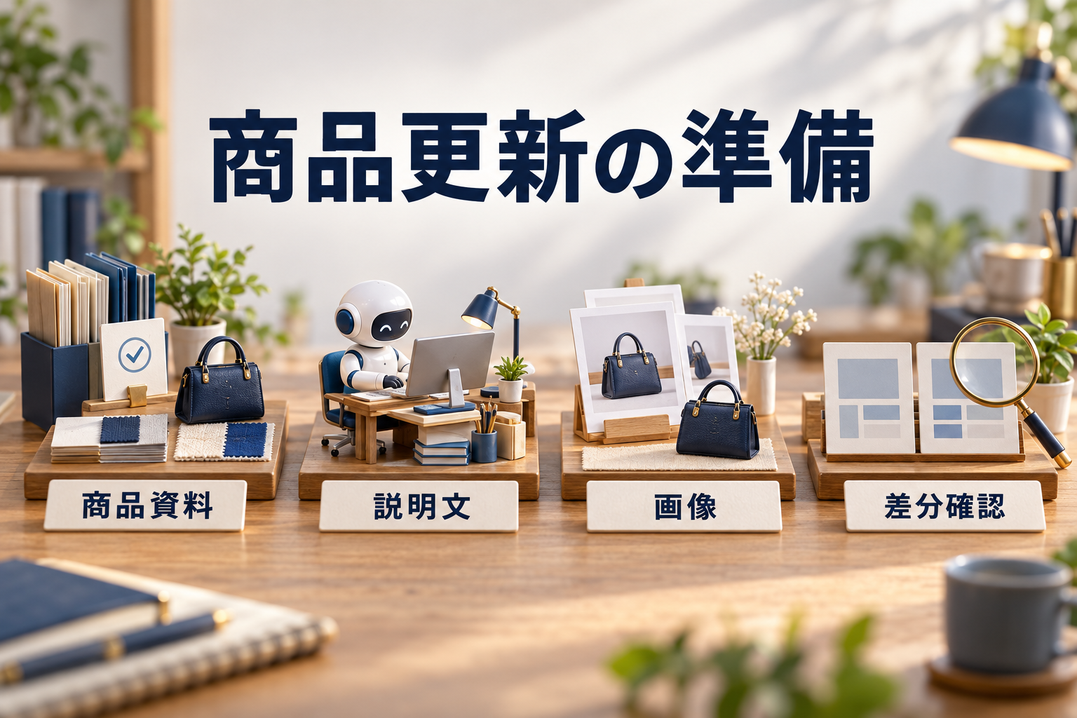 商品資料、説明文、画像、差分確認を示す日本語ラベル付き卓上ミニチュア