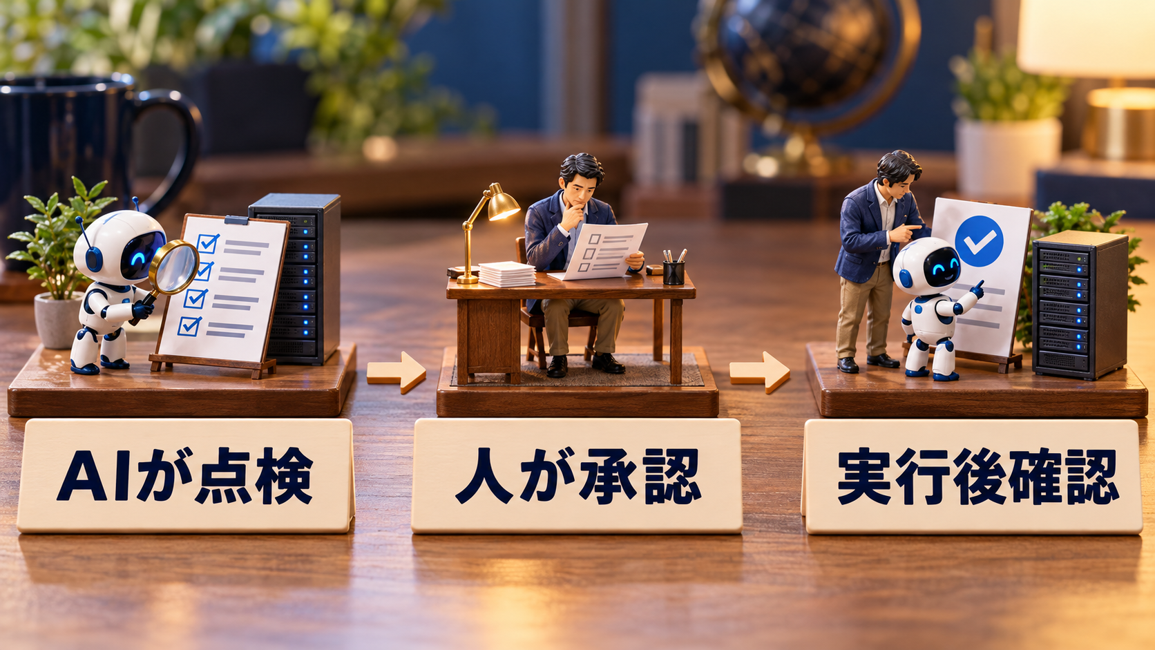 AIが点検、人が承認、実行後確認を示す日本語ラベル付き卓上ミニチュア