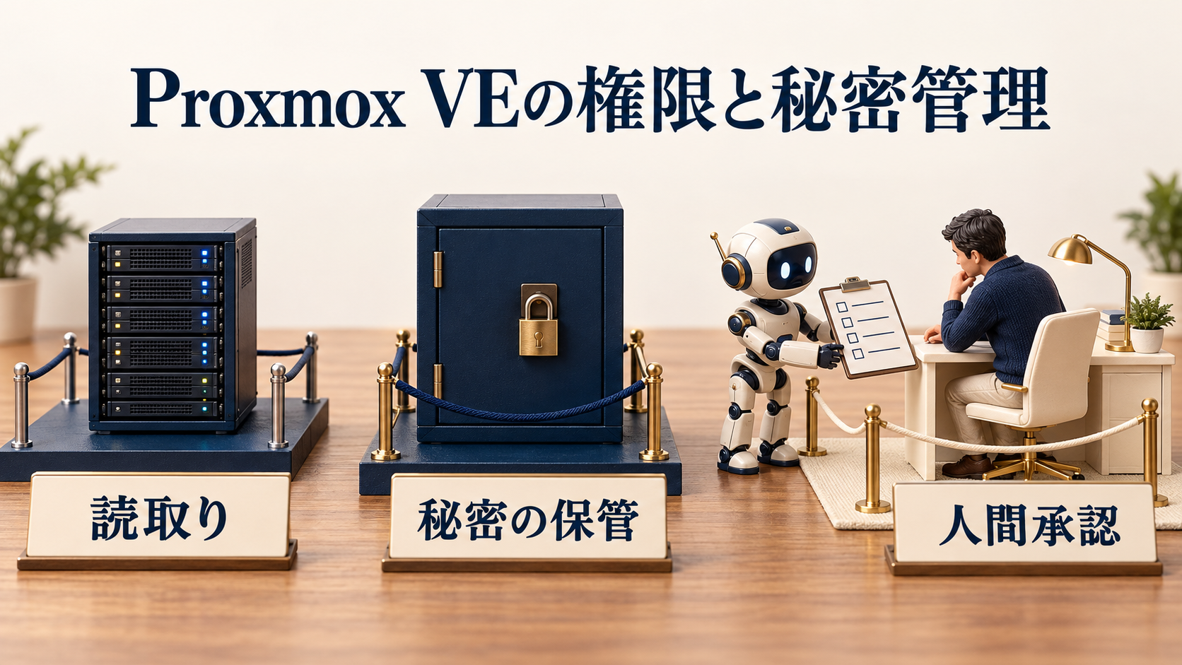 Proxmox VEの読取り、秘密の保管、人間承認を分けた日本語ラベル付き卓上ミニチュア