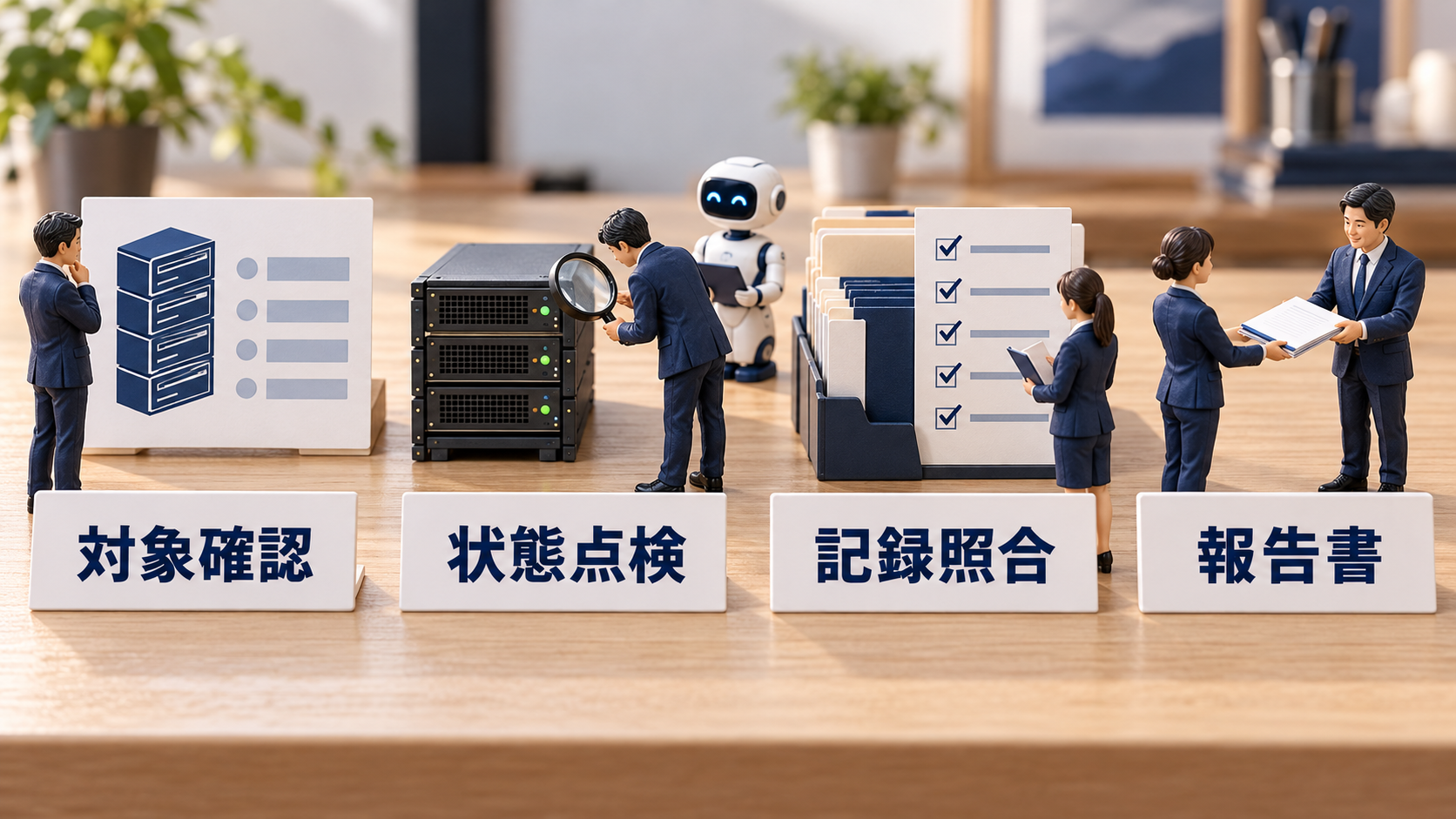 対象確認、状態点検、記録照合、報告書を示す日本語ラベル付きサーバー点検の卓上ミニチュア